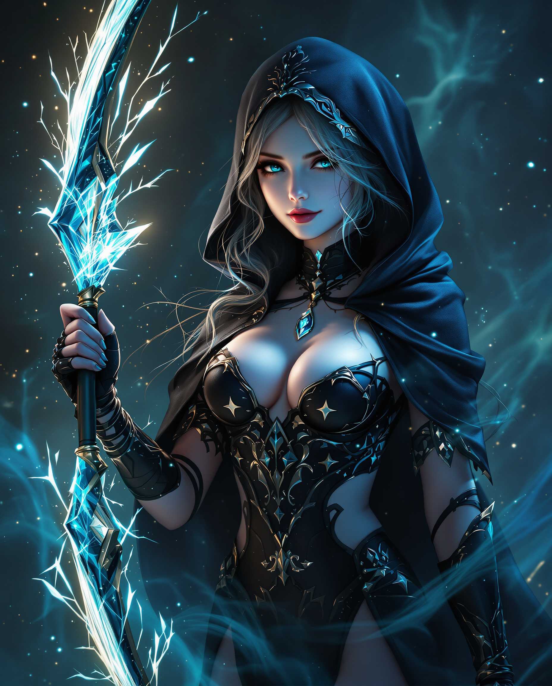 masterpiece, best quality, highres, sharp image, more detail, A stunning digital painting of a female character in a realistic setting, captured with a cinematic quality that emphasizes dramatic lighting and deep shadows for intense depth. She stands poised with a glowing bow and icy, translucent electric-blue arrow, emanating magical energy, set against a swirling dark background of blues and greens with sparkling particles enhancing the otherworldly atmosphere. Her pale, almost translucent skin contrasts with a detailed black hooded cloak, intricate bodice, gauntlets, and a matching pendant, all rendered in vibrant, cool tones with seamless gradients and a photorealistic 8K detail.