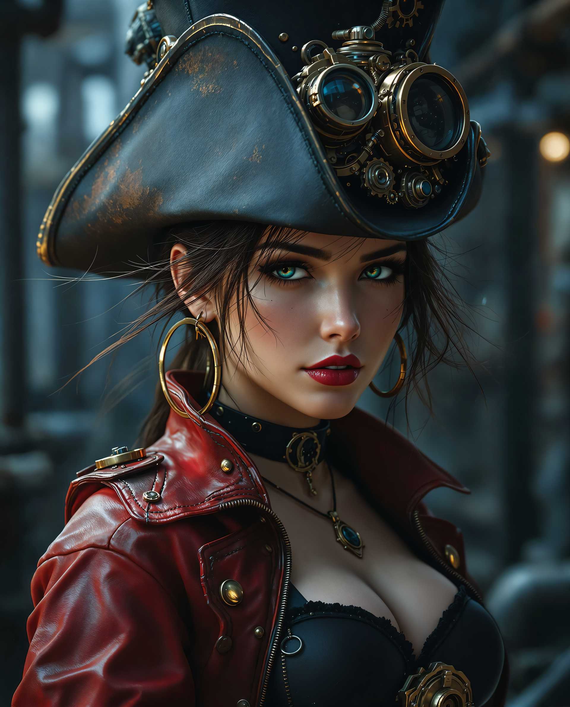 masterpiece, best quality, highres, sharp image, more detail <lora:more_details:0.5> <lora:SDXLrender_v2.0:1>, This image is a realistic photo (photograph) of a female real person digital artwork that presents a closeup of a character that appears to be a steampunk inspired pirate. The art style is highly detailed and realistic with a touch of fantasy, utilizing a cinematic approach that gives the image a sense of depth and movement.Medium The artwork is created digitally, as evidenced by the smooth gradients, the clarity of the details, and the seamless blending of colors and textures.Colors The palette is rich and dramatic, with a predominance of deep blues, blacks, and reds, which are highlighted by strategic lighting that creates a moody and atmospheric effect. The use of metallics and brass accents adds to the steampunk aesthetic. The lighting is dynamic, with areas of the character and the background bathed in warm tones, while other parts are in shadow, giving the image a sense of depth and drama.Objects The character is adorned with a variety of steampunk accessories, including goggles perched atop a tall, widebrimmed hat, which is decorated with mechanical parts and gears. The hats brim is slightly askew, adding to the characters rugged and adventurous appearance. The pirates attire includes a red and black leather jacket with detailed stitching and buckles, which is worn over a black corset with a high neckline. The corset is fastened with a large, ornate clasp that is also a focal point of the image. Around the neck, there is a choker with a pendant, and the characters left ear is adorned with a large hoop earring. The pirates hair is messy and windswept, with strands sticking out in various directions, giving the character a sense of untamed energy. The background is blurred but suggests a setting that is industrial, with pipes and machinery, further emphasizing the steampunk theme.Overall, the image is a compelling blend of fantasy and steampunk elements, executed with a high degree of skill and attention to detail.