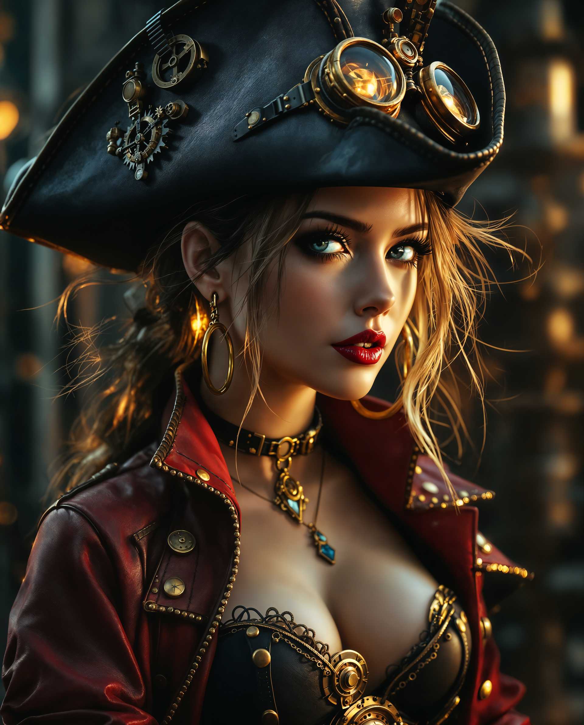 masterpiece, best quality, highres, sharp image, more detail <lora:more_details:0.5> <lora:SDXLrender_v2.0:1>, masterpiece, best quality, highres, sharp image, more detail, This image is a realistic photo (photograph) of a female real person digital artwork that presents a closeup of a character that appears to be a steampunk inspired pirate. The art style is highly detailed and realistic with a touch of fantasy, utilizing a cinematic approach that gives the image a sense of depth and movement.Medium The artwork is created digitally, as evidenced by the smooth gradients, the clarity of the details, and the seamless blending of colors and textures.Colors The palette is rich and dramatic, with a predominance of deep blues, blacks, and reds, which are highlighted by strategic lighting that creates a moody and atmospheric effect. The use of metallics and brass accents adds to the steampunk aesthetic. The lighting is dynamic, with areas of the character and the background bathed in warm tones, while other parts are in shadow, giving the image a sense of depth and drama.Objects The character is adorned with a variety of steampunk accessories, including goggles perched atop a tall, widebrimmed hat, which is decorated with mechanical parts and gears. The hats brim is slightly askew, adding to the characters rugged and adventurous appearance. The pirates attire includes a red and black leather jacket with detailed stitching and buckles, which is worn over a black corset with a high neckline. The corset is fastened with a large, ornate clasp that is also a focal point of the image. Around the neck, there is a choker with a pendant, and the characters left ear is adorned with a large hoop earring. The pirates hair is messy and windswept, with strands sticking out in various directions, giving the character a sense of untamed energy. The background is blurred but suggests a setting that is industrial, with pipes and machinery, further emphasizing the steampunk theme.Overall, the image is a compelling blend of fantasy and steampunk elements, executed with a high degree of skill and attention to detail.