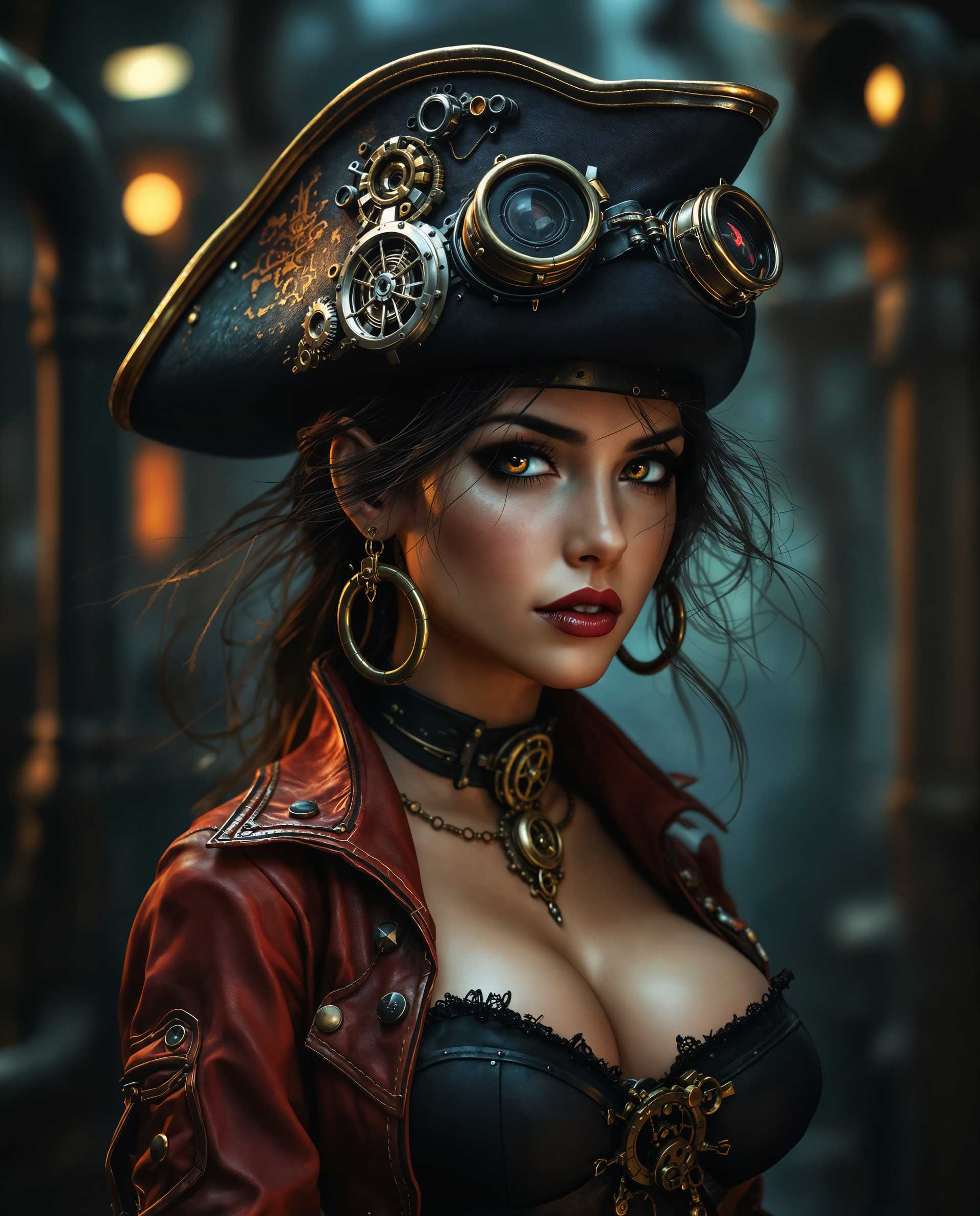 masterpiece, best quality, highres, sharp image, more detail <lora:more_details:0.5> <lora:SDXLrender_v2.0:1>, masterpiece, best quality, highres, sharp image, more detail, This image is a realistic photo (photograph) of a female real person digital artwork that presents a closeup of a character that appears to be a steampunk inspired pirate. The art style is highly detailed and realistic with a touch of fantasy, utilizing a cinematic approach that gives the image a sense of depth and movement.Medium The artwork is created digitally, as evidenced by the smooth gradients, the clarity of the details, and the seamless blending of colors and textures.Colors The palette is rich and dramatic, with a predominance of deep blues, blacks, and reds, which are highlighted by strategic lighting that creates a moody and atmospheric effect. The use of metallics and brass accents adds to the steampunk aesthetic. The lighting is dynamic, with areas of the character and the background bathed in warm tones, while other parts are in shadow, giving the image a sense of depth and drama.Objects The character is adorned with a variety of steampunk accessories, including goggles perched atop a tall, widebrimmed hat, which is decorated with mechanical parts and gears. The hats brim is slightly askew, adding to the characters rugged and adventurous appearance. The pirates attire includes a red and black leather jacket with detailed stitching and buckles, which is worn over a black corset with a high neckline. The corset is fastened with a large, ornate clasp that is also a focal point of the image. Around the neck, there is a choker with a pendant, and the characters left ear is adorned with a large hoop earring. The pirates hair is messy and windswept, with strands sticking out in various directions, giving the character a sense of untamed energy. The background is blurred but suggests a setting that is industrial, with pipes and machinery, further emphasizing the steampunk theme.Overall, the image is a compelling blend of fantasy and steampunk elements, executed with a high degree of skill and attention to detail.
