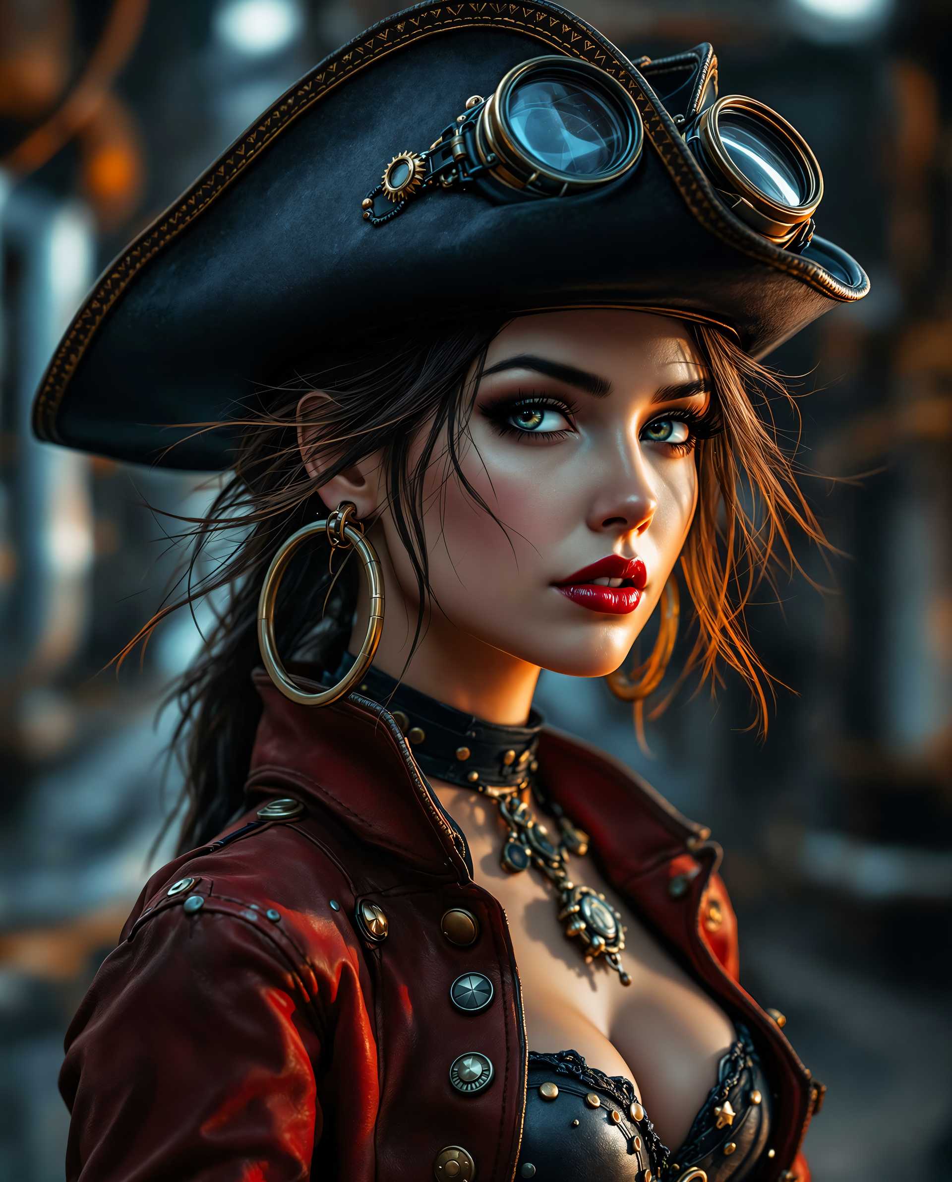 masterpiece, best quality, highres, sharp image, more detail <lora:more_details:0.5> <lora:SDXLrender_v2.0:1>, This image is a realistic photo (photograph) of a female real person digital artwork that presents a closeup of a character that appears to be a steampunk inspired pirate. The art style is highly detailed and realistic with a touch of fantasy, utilizing a cinematic approach that gives the image a sense of depth and movement.Medium The artwork is created digitally, as evidenced by the smooth gradients, the clarity of the details, and the seamless blending of colors and textures.Colors The palette is rich and dramatic, with a predominance of deep blues, blacks, and reds, which are highlighted by strategic lighting that creates a moody and atmospheric effect. The use of metallics and brass accents adds to the steampunk aesthetic. The lighting is dynamic, with areas of the character and the background bathed in warm tones, while other parts are in shadow, giving the image a sense of depth and drama.Objects The character is adorned with a variety of steampunk accessories, including goggles perched atop a tall, widebrimmed hat, which is decorated with mechanical parts and gears. The hats brim is slightly askew, adding to the characters rugged and adventurous appearance. The pirates attire includes a red and black leather jacket with detailed stitching and buckles, which is worn over a black corset with a high neckline. The corset is fastened with a large, ornate clasp that is also a focal point of the image. Around the neck, there is a choker with a pendant, and the characters left ear is adorned with a large hoop earring. The pirates hair is messy and windswept, with strands sticking out in various directions, giving the character a sense of untamed energy. The background is blurred but suggests a setting that is industrial, with pipes and machinery, further emphasizing the steampunk theme.Overall, the image is a compelling blend of fantasy and steampunk elements, executed with a high degree of skill and attention to detail.