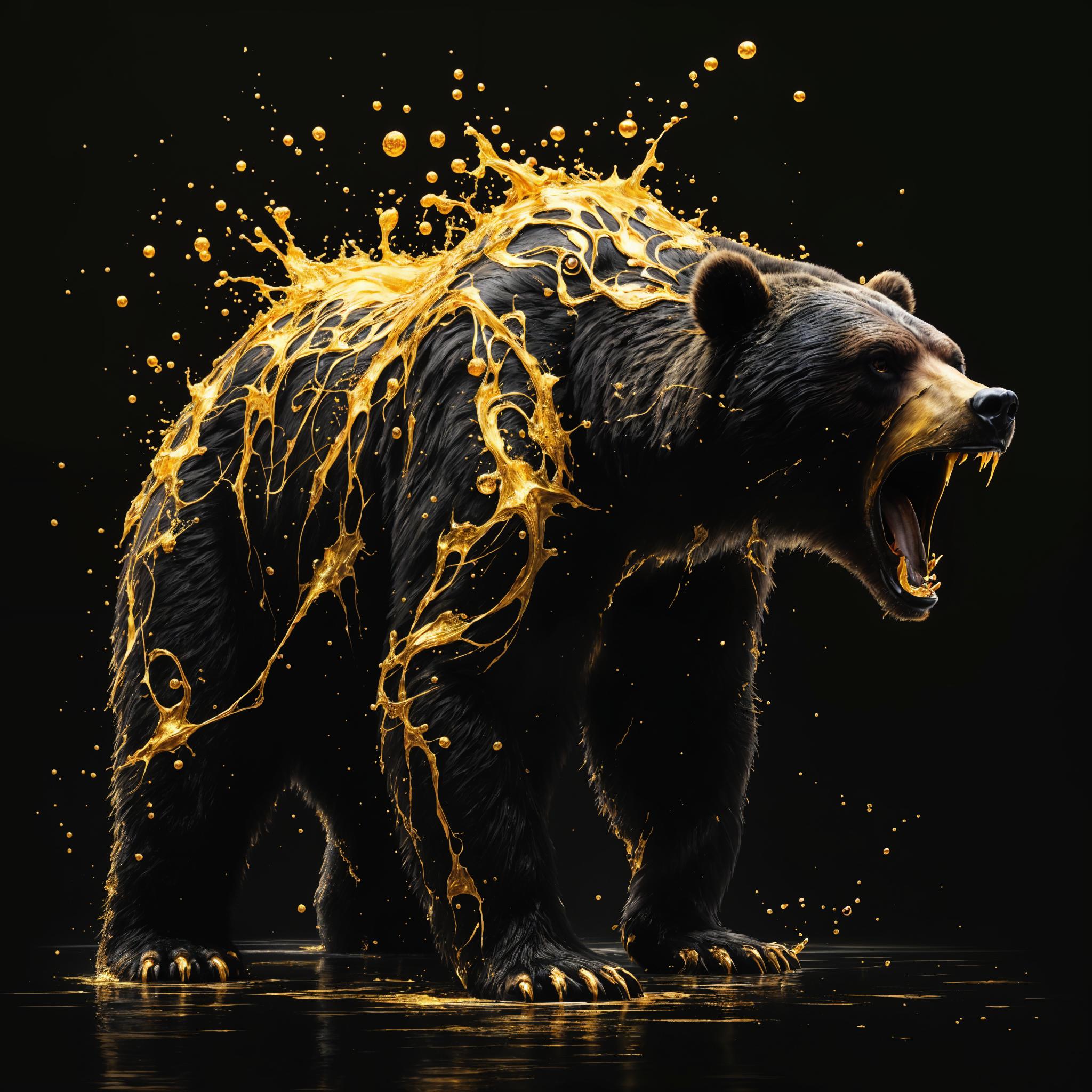 photorealistic, ultra high detail, lifelike, A majestic grizzly bear, its fur is colored black and gold liquid with a few intricate golden swirls cascading over its powerful form, stands back in a fierce attack pose with its mouth wide open, set against a deep, dark background. This hyper-realistic scene is crafted as a 32K digital oil painting, showcasing rich, textured oil paint effects, enhanced by dramatic volumetric lighting and the cinematic depth of an Octane render, capturing every detail with breathtaking clarity.