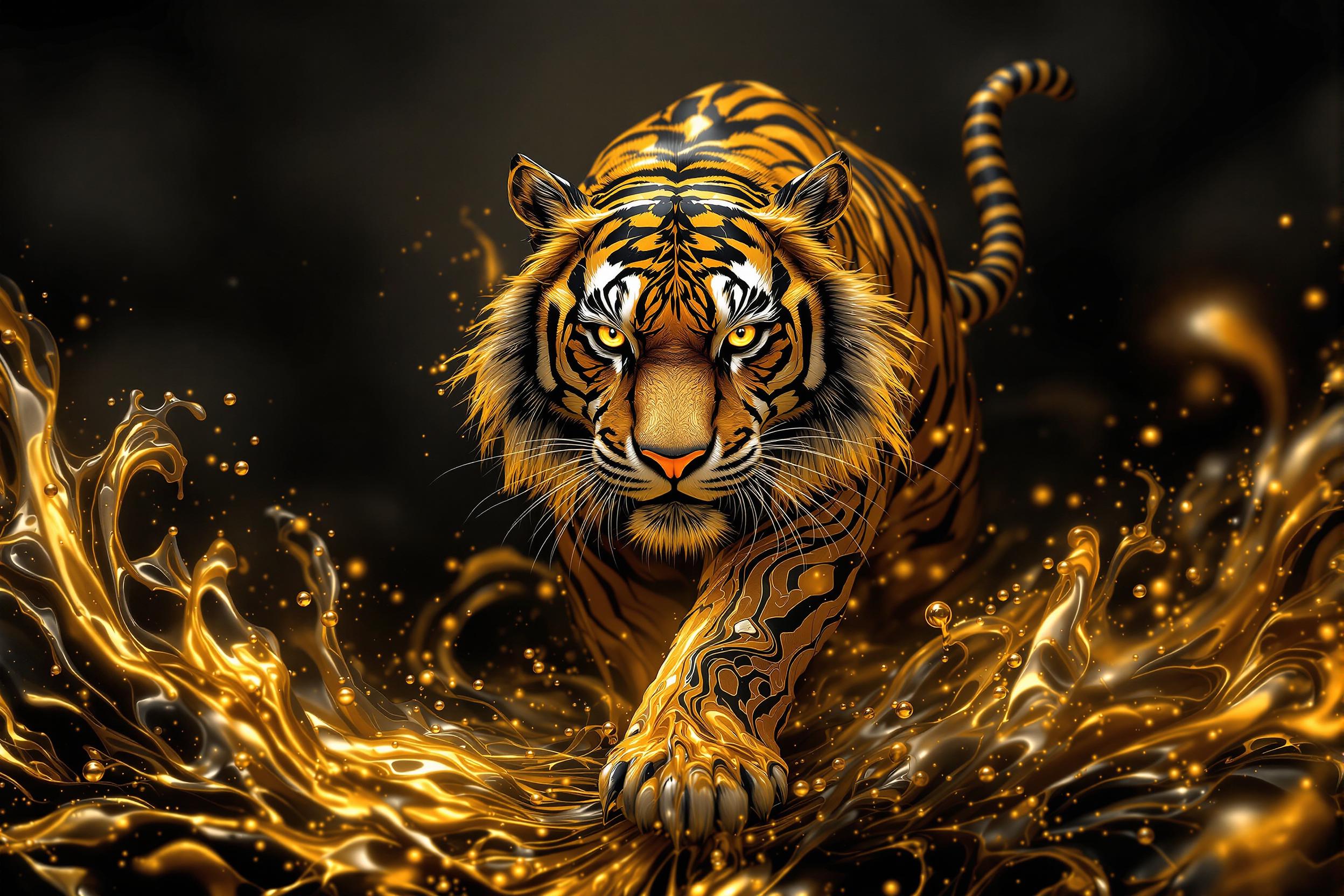 A majestic Bengal tiger, crafted entirely from black and gold liquid with intricate golden swirls, emerges powerfully against a dark, mysterious background. This hyper-realistic scene is rendered with extraordinary detail in the style of a 32K digital oil painting, featuring rich oil painting textures and effects, enhanced by volumetric lighting that highlights every fluid contour. Created with the precision of an Octane render, the image captures a cinematic depth and luminous intensity.