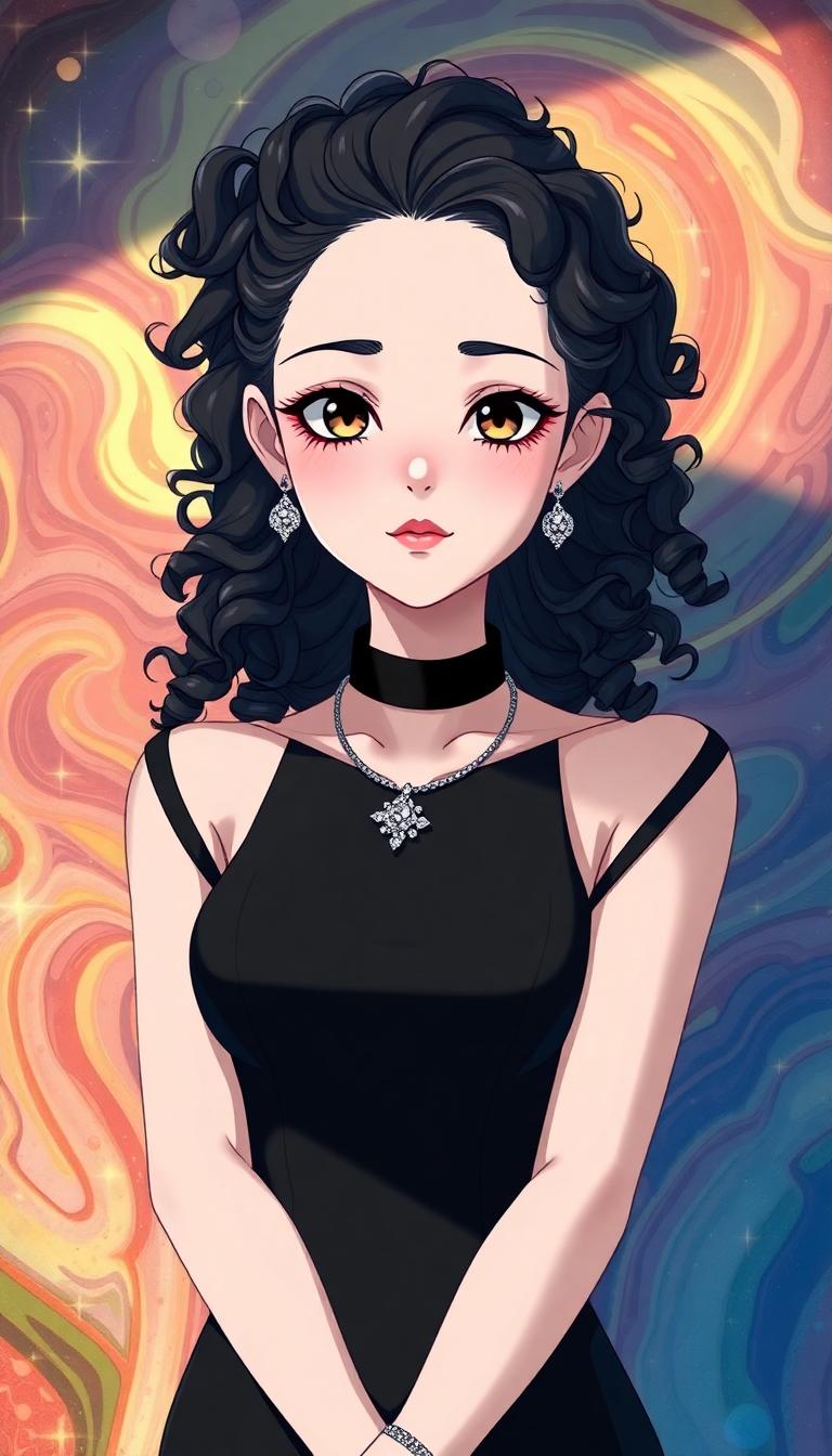 A (((super cute and futuristic sci fi tech goth girl))), with pale skin and, (bubbling curly black hair), wearing a sleek and ((high-tech black dress)), accessorized with a delicate (((diamond necklace))), a luxe watch with intricate details, and elegant, minimalist earrings. Her look blends seamlessly into an (((hyperrealistic 8K scene))) where she's posed confidently, surrounded by a whimsically detailed backdrop consisting of swirling colors and (crystal patterns). The scene has a distinctly anime-inspired flair, reminiscent of Studio Ghibli's art, with (natural, glowing light) that enhances the overall atmosphere