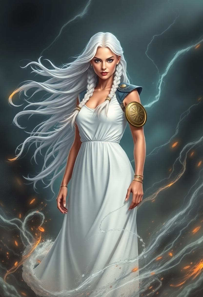 A powerful (((Storm Herald))), with flowing, (((white hair with braids))), standing confidently amidst a raging (((storm))) that matches her formidable presence, evoking a sense of dynamic and (intricate details) swirling around her, in a full-body shot, with a ((plain yet stylishly detailed white dress)) and a round, metallic Tempest logo on her shoulder, which has been (hyperrealistically rendered) to match the advanced detail of the rest of the image, center position,
