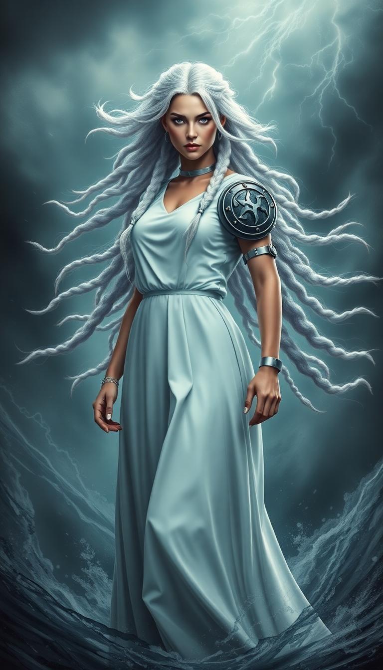 A powerful (((Storm Herald))), with flowing, (((white hair with braids))), standing confidently amidst a raging (((storm))) that matches her formidable presence, evoking a sense of dynamic and (intricate details) swirling around her, in a full-body shot, with a ((plain yet stylishly detailed white dress)) and a round, metallic Tempest logo on her shoulder, which has been (hyperrealistically rendered) to match the advanced detail of the rest of the image, center position,
