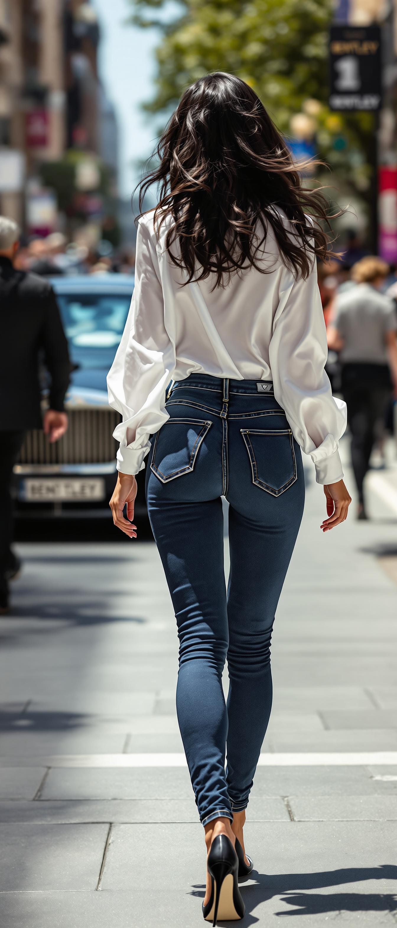 A portrait photo of Val A breathtaking, dominant woman walking confidently through a bustling upscale city street in broad daylight. She wears ultra-tight, high-rise stretch denim jeans in deep indigo blue — sculpted perfectly around her toned thighs, round, firm buttocks, and flat lower abdomen. The fabric clings sensually to her curves, with a subtle shadow around the zipper area highlighting the natural lines of her pelvis. The jeans accentuate her hourglass figure from every angle. She pairs it with a silky white blouse, loosely buttoned and flowing open at the chest, exposing a hint of cleavage and soft skin. Her toned stomach subtly visible beneath the light fabric. She wears sleek stiletto heels, and a pair of oversized, designer black sunglasses. Her long, wavy dark hair dances in the breeze as she strides confidently past a slightly blurred crowd. In the distance, a luxurious black Bentley awaits at the curb. Natural sunlight reflects off her sunglasses and hair. Cinematic, hyper-realistic fashion photography style, depth of field, soft midday shadows, intense realism, confident stride. Camera vanaf de achterkant

Pose/focus: low angle from behind or 3/4 rear, walking motion
	•	Style: high-end fashion, powerful femininity, sunlit city glamour
	•	Mood: self-assured, untouchable, irresistible