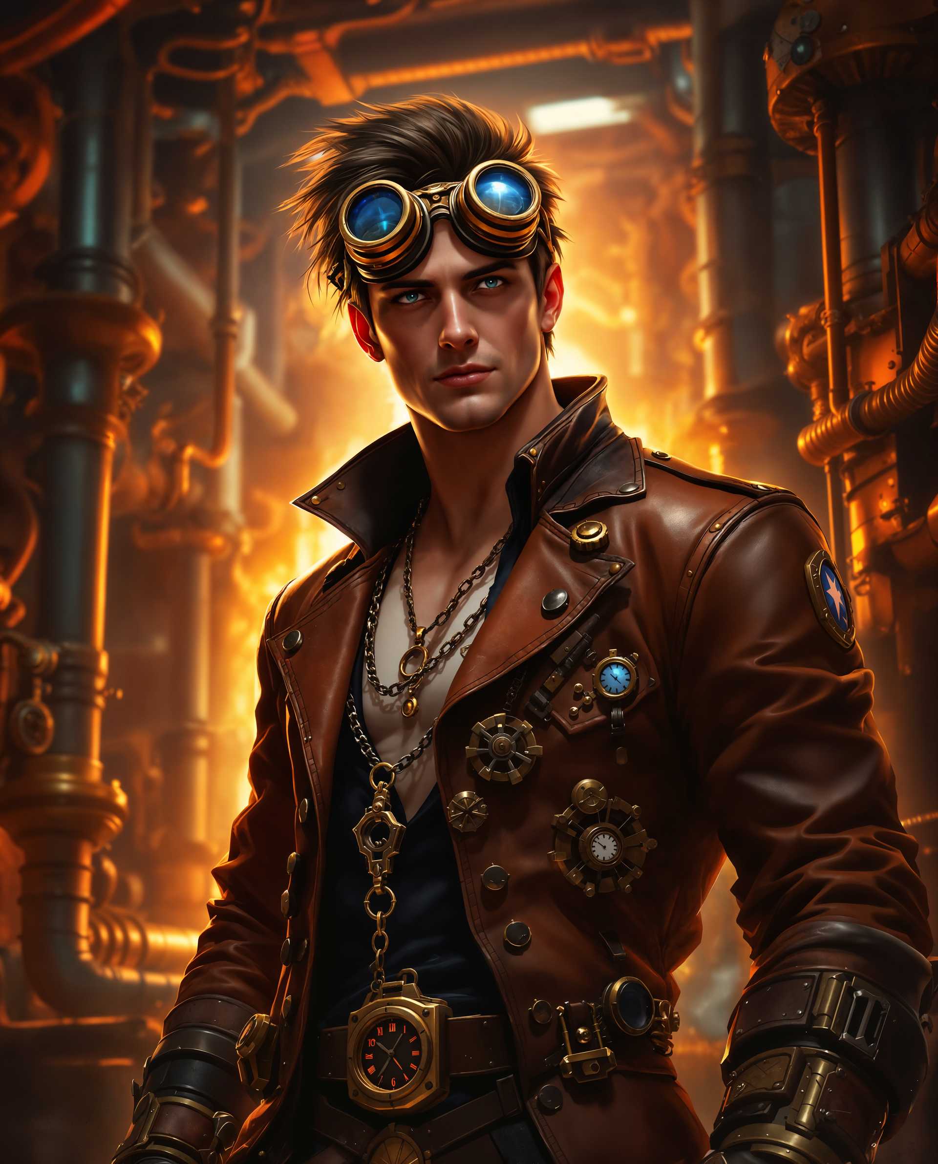 masterpiece, best quality, highres, sharp image, more detail <lora:more_details:0.5> <lora:SDXLrender_v2.0:1>, masterpiece, best quality, highres, sharp image, more detail, This image is a realistic photo (photograph) of a male real person digital artwork that presents a character in a steampunk inspired outfit. The art style is highly detailed and realistic, with a focus on textures and lighting that give the image a threedimensional quality.The medium appears to be a digital painting, given the smooth blending of colors and the lack of brush strokes. The lighting in the image is dramatic, with a warm, fiery glow that bathes the character and the background, creating a sense of depth and movement.The colors in the image are rich and vibrant, with a predominance of reds, oranges, and yellows. These warm tones are contrasted with cooler blues and blacks in the characters clothing and accessories, which adds to the overall dramatic effect.The objects in the image are numerous and varied. The character is wearing a detailed leather jacket with rivets and buckles, and there are various mechanical devices attached to the jacket, including goggles, a pocket watch, and a chain with a pendant. The goggles are a key element of the steampunk style, and they are depicted with intricate detailing, including lenses and straps.The background of the image is filled with industrial elements, such as pipes, gears, and machinery, all rendered in a similar steampunk aesthetic. The warm lighting accentuates the metallic sheen of these objects, giving the impression of a setting that is both advanced and worn.Overall, the image exudes a sense of adventure and mystery, characteristic of the steampunk genre, and the attention to detail in the characters outfit and the surrounding environment reflects the artists skill and creativity.
