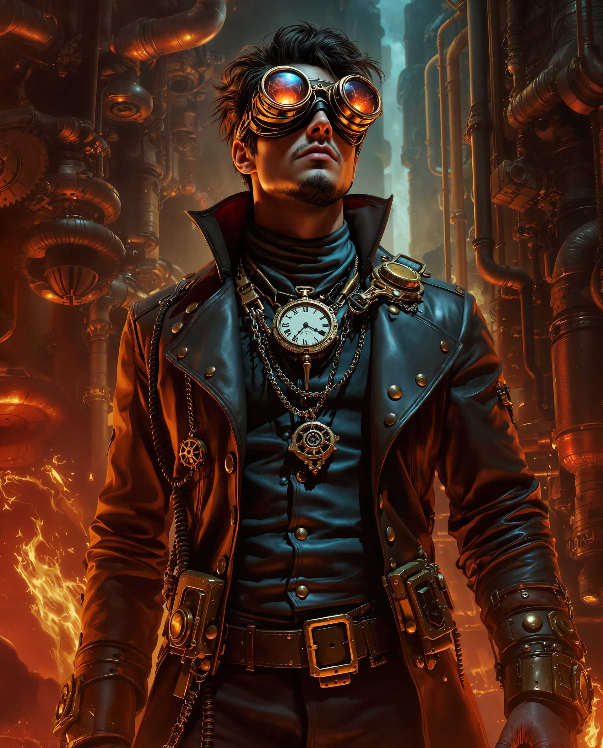 masterpiece, best quality, highres, sharp image, more detail <lora:more_details:0.5> <lora:SDXLrender_v2.0:1>, masterpiece, best quality, highres, sharp image, more detail, This image is a realistic photo (photograph) of a male real person digital artwork that presents a character in a steampunk inspired outfit. The art style is highly detailed and realistic, with a focus on textures and lighting that give the image a threedimensional quality.The medium appears to be a digital painting, given the smooth blending of colors and the lack of brush strokes. The lighting in the image is dramatic, with a warm, fiery glow that bathes the character and the background, creating a sense of depth and movement.The colors in the image are rich and vibrant, with a predominance of reds, oranges, and yellows. These warm tones are contrasted with cooler blues and blacks in the characters clothing and accessories, which adds to the overall dramatic effect.The objects in the image are numerous and varied. The character is wearing a detailed leather jacket with rivets and buckles, and there are various mechanical devices attached to the jacket, including goggles, a pocket watch, and a chain with a pendant. The goggles are a key element of the steampunk style, and they are depicted with intricate detailing, including lenses and straps.The background of the image is filled with industrial elements, such as pipes, gears, and machinery, all rendered in a similar steampunk aesthetic. The warm lighting accentuates the metallic sheen of these objects, giving the impression of a setting that is both advanced and worn.Overall, the image exudes a sense of adventure and mystery, characteristic of the steampunk genre, and the attention to detail in the characters outfit and the surrounding environment reflects the artists skill and creativity.