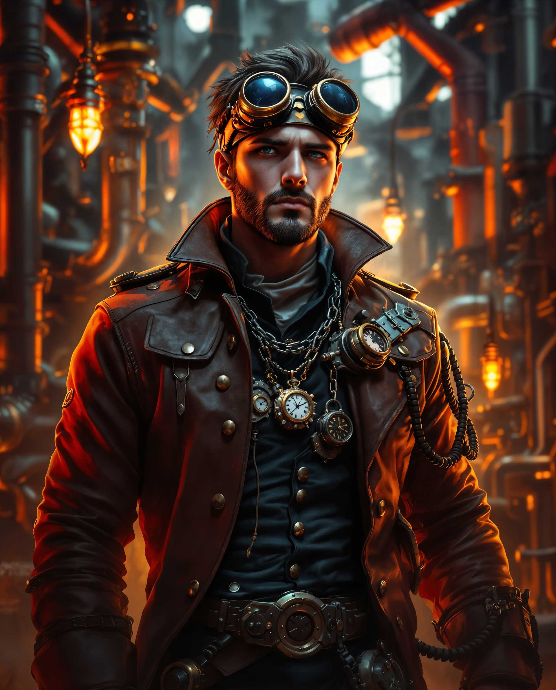 masterpiece, best quality, highres, sharp image, more detail <lora:more_details:0.5> <lora:SDXLrender_v2.0:1>, masterpiece, best quality, highres, sharp image, more detail, This image is a realistic photo (photograph) of a male real person digital artwork that presents a character in a steampunk inspired outfit. The art style is highly detailed and realistic, with a focus on textures and lighting that give the image a threedimensional quality.The medium appears to be a digital painting, given the smooth blending of colors and the lack of brush strokes. The lighting in the image is dramatic, with a warm, fiery glow that bathes the character and the background, creating a sense of depth and movement.The colors in the image are rich and vibrant, with a predominance of reds, oranges, and yellows. These warm tones are contrasted with cooler blues and blacks in the characters clothing and accessories, which adds to the overall dramatic effect.The objects in the image are numerous and varied. The character is wearing a detailed leather jacket with rivets and buckles, and there are various mechanical devices attached to the jacket, including goggles, a pocket watch, and a chain with a pendant. The goggles are a key element of the steampunk style, and they are depicted with intricate detailing, including lenses and straps.The background of the image is filled with industrial elements, such as pipes, gears, and machinery, all rendered in a similar steampunk aesthetic. The warm lighting accentuates the metallic sheen of these objects, giving the impression of a setting that is both advanced and worn.Overall, the image exudes a sense of adventure and mystery, characteristic of the steampunk genre, and the attention to detail in the characters outfit and the surrounding environment reflects the artists skill and creativity.
