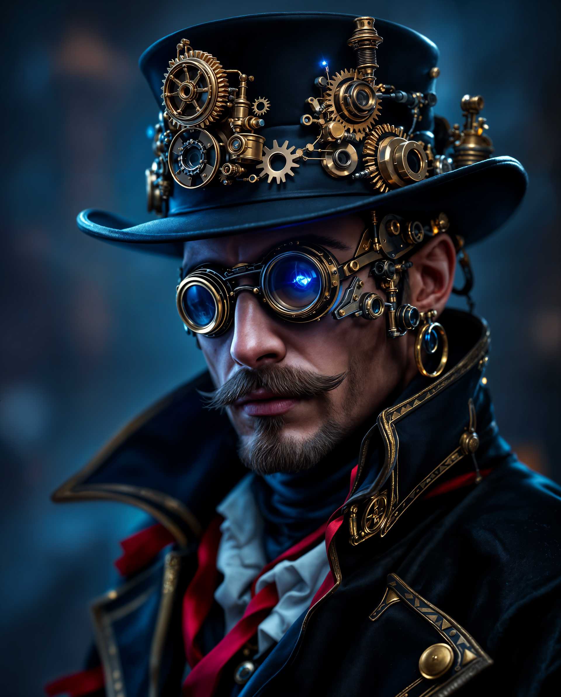 masterpiece, best quality, highres, sharp image, more detail <lora:more_details:0.5> <lora:SDXLrender_v2.0:1>, masterpiece, best quality, highres, sharp image, more detail, This image is a realistic photo (photograph) of a male real person closeup portrayal of a character that exudes a steampunk aesthetic. The character is adorned with a headpiece that is rich in detail, featuring brass and copper gears, cogs, and mechanical parts that are illuminated by a blue light, giving it a futuristic and somewhat ominous feel. The headpiece is worn under a black hat with a brim, and the brim is decorated with a red ribbon, adding a touch of elegance to the otherwise industrial look. The characters attire is equally elaborate, with a high collared coat that is primarily black with gold trimmings. The coats texture is rich and detailed, with what appears to be leather and metal elements, further emphasizing the steampunk theme. The coats cuffs are also adorned with gold trim, and there are what seem to be buttons or clasps that are similarly detailed. The characters right eye is covered by a monocle, which is a hallmark of steampunk fashion. The monocle is ornate, with a brass finish and intricate designs, and it is attached to a complex apparatus that wraps around the characters head, suggesting a high level of technology or magic. The overall art style of the image is digital, with a high level of detail and realism. The lighting in the image is dramatic, with a blue hue that casts a moody ambiance. The use of light and shadow is expertly executed, with highlights and shadows that give depth and dimension to the characters features and the surrounding elements.The medium used to create this image is likely a digital painting program, given the smooth gradients and seamless blending of colors. The colors are rich and vibrant, with a predominance of blues, blacks, and golds, which are typical of steampunk aesthetics. There are also splashes of red and white, which add contrast and a sense of movement to the image.Objects in the image include the characters headpiece, hat, coat, monocle, and the apparatus that attaches the monocle to the head. The background is intentionally blurred, focusing the viewers attention on the character and their detailed attire. The blurred background also adds to the moody and atmospheric quality of the image.