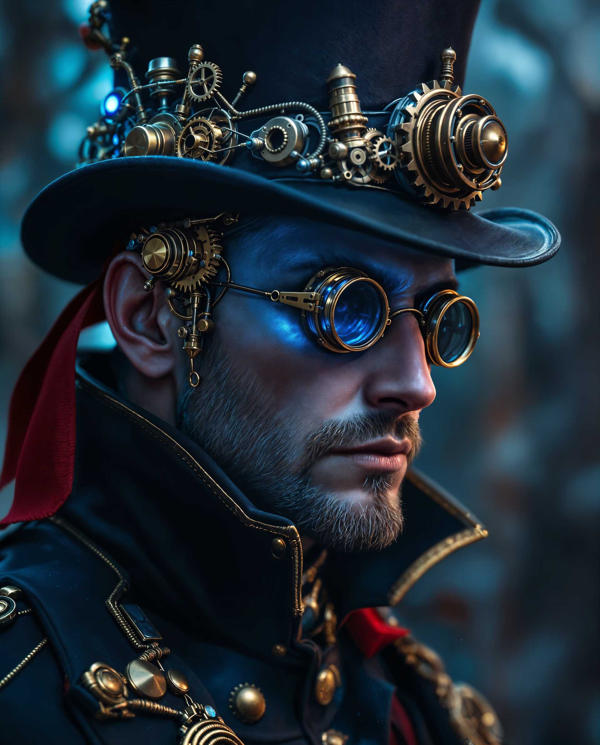 masterpiece, best quality, highres, sharp image, more detail <lora:more_details:0.5> <lora:SDXLrender_v2.0:1>, masterpiece, best quality, highres, sharp image, more detail, This image is a realistic photo (photograph) of a male real person closeup portrayal of a character that exudes a steampunk aesthetic. The character is adorned with a headpiece that is rich in detail, featuring brass and copper gears, cogs, and mechanical parts that are illuminated by a blue light, giving it a futuristic and somewhat ominous feel. The headpiece is worn under a black hat with a brim, and the brim is decorated with a red ribbon, adding a touch of elegance to the otherwise industrial look. The characters attire is equally elaborate, with a high collared coat that is primarily black with gold trimmings. The coats texture is rich and detailed, with what appears to be leather and metal elements, further emphasizing the steampunk theme. The coats cuffs are also adorned with gold trim, and there are what seem to be buttons or clasps that are similarly detailed. The characters right eye is covered by a monocle, which is a hallmark of steampunk fashion. The monocle is ornate, with a brass finish and intricate designs, and it is attached to a complex apparatus that wraps around the characters head, suggesting a high level of technology or magic. The overall art style of the image is digital, with a high level of detail and realism. The lighting in the image is dramatic, with a blue hue that casts a moody ambiance. The use of light and shadow is expertly executed, with highlights and shadows that give depth and dimension to the characters features and the surrounding elements.The medium used to create this image is likely a digital painting program, given the smooth gradients and seamless blending of colors. The colors are rich and vibrant, with a predominance of blues, blacks, and golds, which are typical of steampunk aesthetics. There are also splashes of red and white, which add contrast and a sense of movement to the image.Objects in the image include the characters headpiece, hat, coat, monocle, and the apparatus that attaches the monocle to the head. The background is intentionally blurred, focusing the viewers attention on the character and their detailed attire. The blurred background also adds to the moody and atmospheric quality of the image.