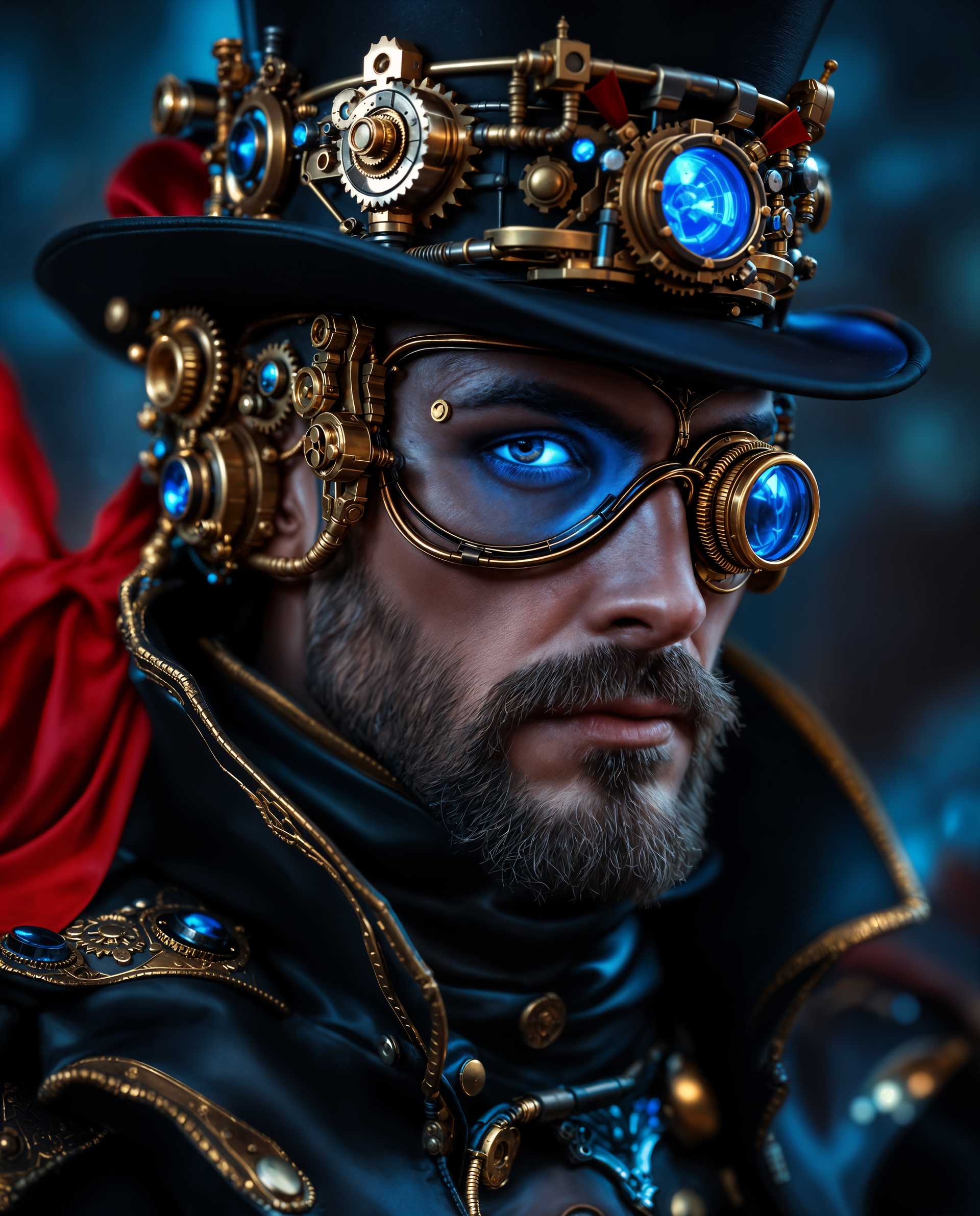 masterpiece, best quality, highres, sharp image, more detail <lora:more_details:0.5> <lora:SDXLrender_v2.0:1>, masterpiece, best quality, highres, sharp image, more detail, This image is a realistic photo (photograph) of a male real person closeup portrayal of a character that exudes a steampunk aesthetic. The character is adorned with a headpiece that is rich in detail, featuring brass and copper gears, cogs, and mechanical parts that are illuminated by a blue light, giving it a futuristic and somewhat ominous feel. The headpiece is worn under a black hat with a brim, and the brim is decorated with a red ribbon, adding a touch of elegance to the otherwise industrial look. The characters attire is equally elaborate, with a high collared coat that is primarily black with gold trimmings. The coats texture is rich and detailed, with what appears to be leather and metal elements, further emphasizing the steampunk theme. The coats cuffs are also adorned with gold trim, and there are what seem to be buttons or clasps that are similarly detailed. The characters right eye is covered by a monocle, which is a hallmark of steampunk fashion. The monocle is ornate, with a brass finish and intricate designs, and it is attached to a complex apparatus that wraps around the characters head, suggesting a high level of technology or magic. The overall art style of the image is digital, with a high level of detail and realism. The lighting in the image is dramatic, with a blue hue that casts a moody ambiance. The use of light and shadow is expertly executed, with highlights and shadows that give depth and dimension to the characters features and the surrounding elements.The medium used to create this image is likely a digital painting program, given the smooth gradients and seamless blending of colors. The colors are rich and vibrant, with a predominance of blues, blacks, and golds, which are typical of steampunk aesthetics. There are also splashes of red and white, which add contrast and a sense of movement to the image.Objects in the image include the characters headpiece, hat, coat, monocle, and the apparatus that attaches the monocle to the head. The background is intentionally blurred, focusing the viewers attention on the character and their detailed attire. The blurred background also adds to the moody and atmospheric quality of the image.