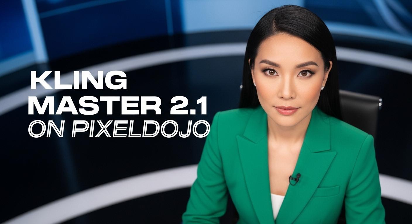 A photo of a beautiful news anchor. bold text across the screen says "Kling Master 2.1 on PixelDojo"