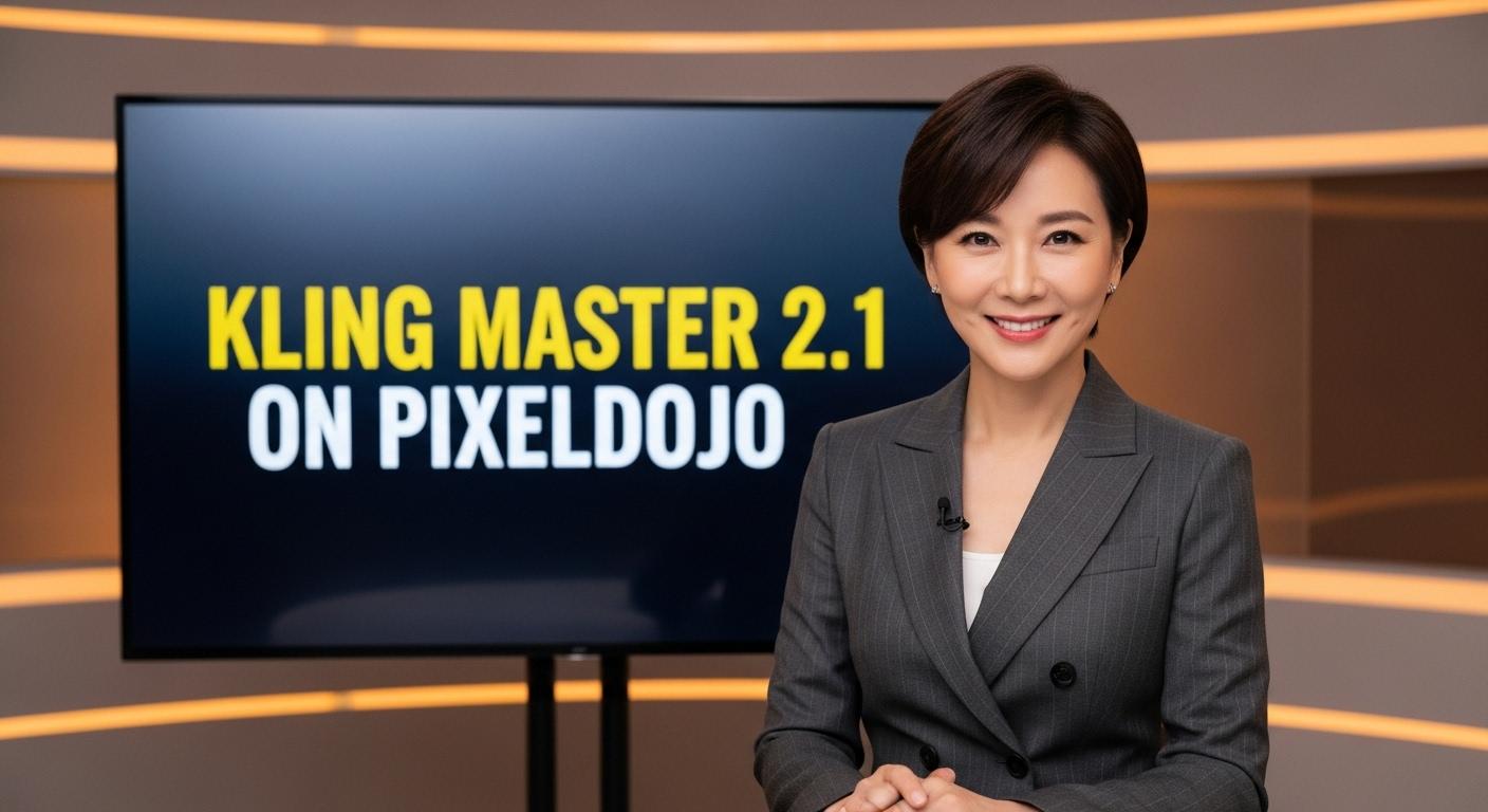 A photo of a beautiful news anchor. bold text across the screen says "Kling Master 2.1 on PixelDojo"