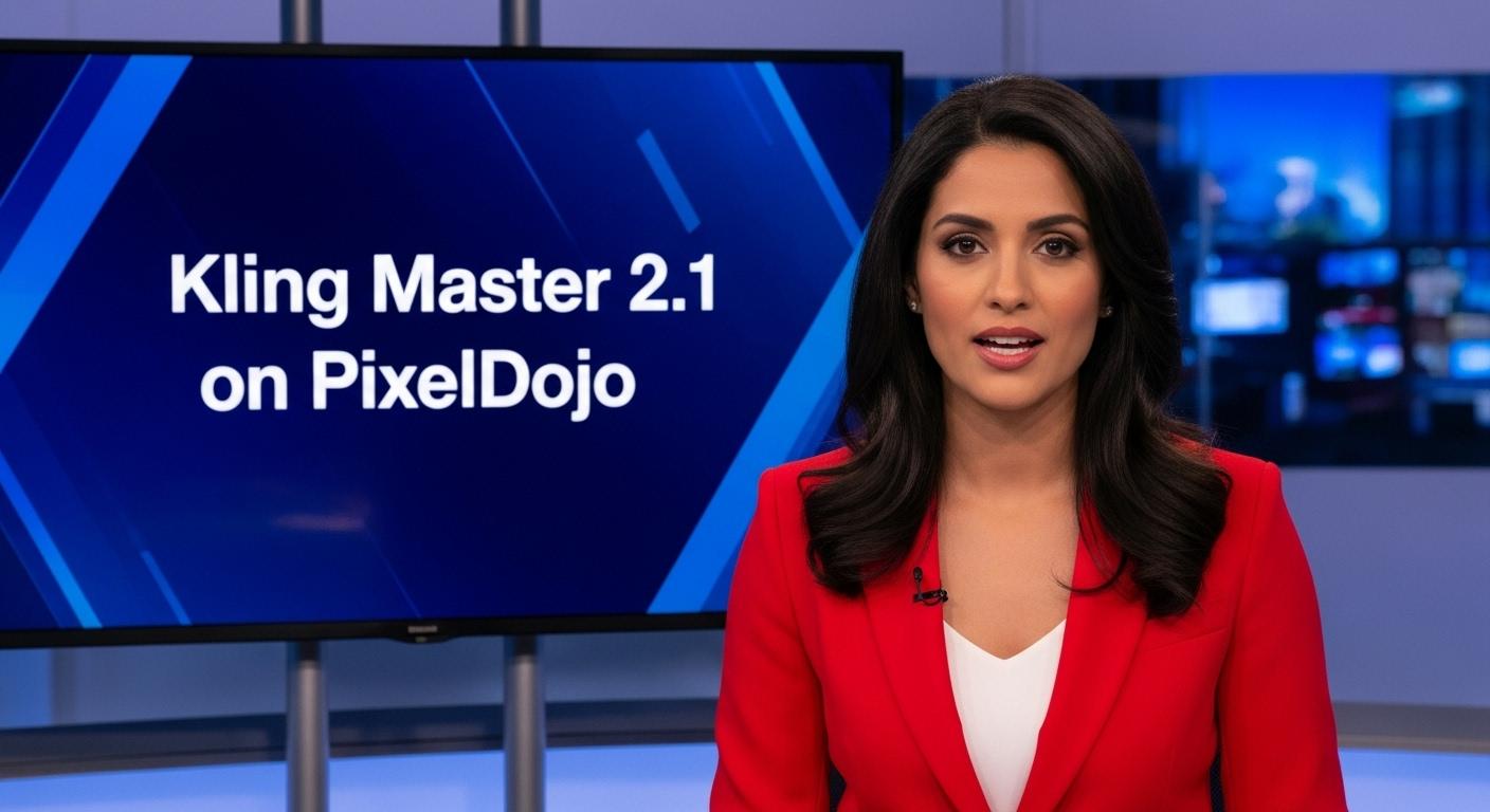 A photo of a beautiful news anchor. bold text across the screen says "Kling Master 2.1 on PixelDojo"