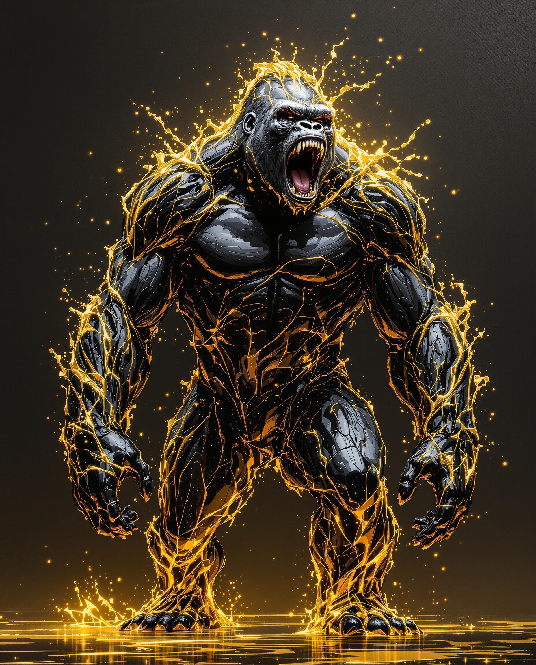 A majestic silverback gorilla made of black and gold liquid, standing tall and powerful, roaring fiercely while pounding his chest. His molten body ripples with dynamic golden swirls, capturing the raw energy and primal dominance of the moment. The scene is set against a dark, moody background with cinematic volumetric lighting that casts glowing highlights and deep shadows across his fluid form. Hyper-realistic, highly detailed, digital oil painting texture with bold, expressive brushstrokes. Octane render style, 32k resolution, dramatic atmosphere, museum-quality composition, oil painting effects.