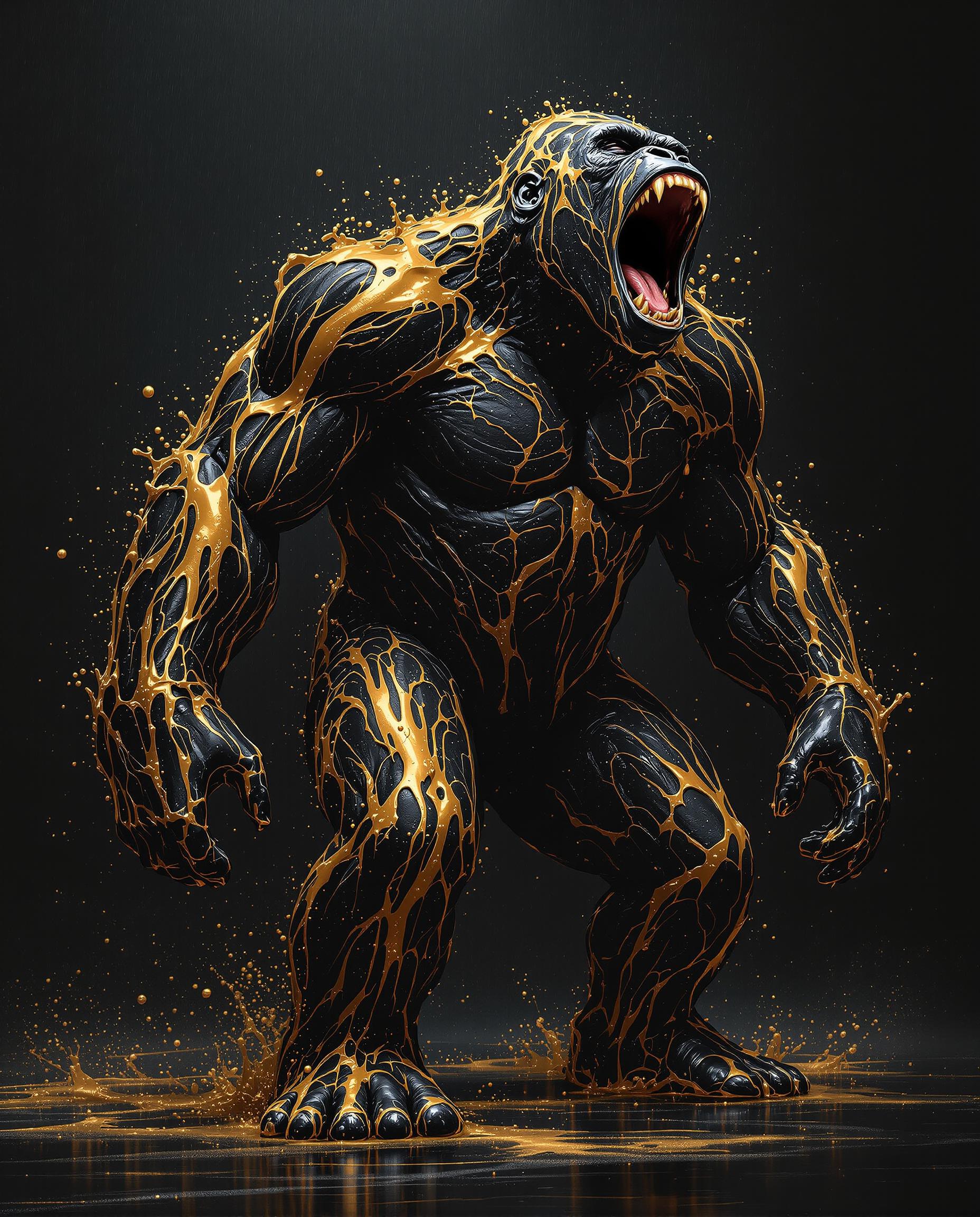 A towering silverback gorilla made entirely of flowing black and gold liquid, standing upright in a dominant pose, roaring powerfully into the void. His molten body shimmers with golden swirls that ripple under the force of his roar. Heavy rain splashes around him — droplets bouncing off his liquid form, creating dramatic golden and black splashes. The background is pitch black, deep and infinite, enhancing the contrast and intensity. Hyper-realistic, ultra-detailed, digital oil painting style with visible texture and brushwork. Volumetric lighting focused only on the gorilla, rendered in Octane style, 32k resolution, cinematic and primal atmosphere, no chest pounding, just raw presence and rage.