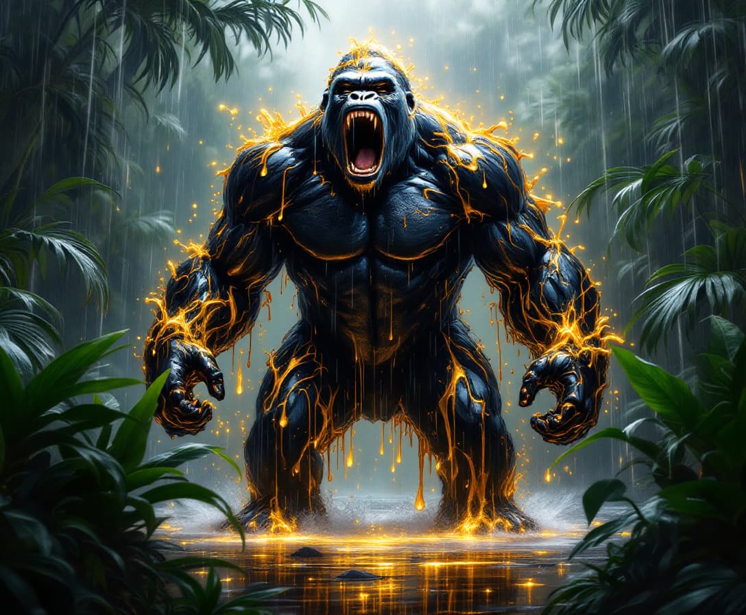 A towering silverback gorilla made entirely of flowing black and gold liquid, standing upright in a powerful stance, roaring fiercely. His molten form ripples with golden swirls, each muscle defined by the motion of the liquid. Torrential rain falls around him, splashing against his body and creating shimmering golden-black droplets. The background is a dense jungle scene with low vegetation and large, vibrant green tropical leaves — wet, glistening in the rain. Volumetric lighting filters softly through the foliage, casting dramatic highlights on the gorilla’s form. Hyper-realistic, ultra-detailed, digital oil painting with rich brush textures, Octane render style, 32k resolution, primal energy and cinematic impact.