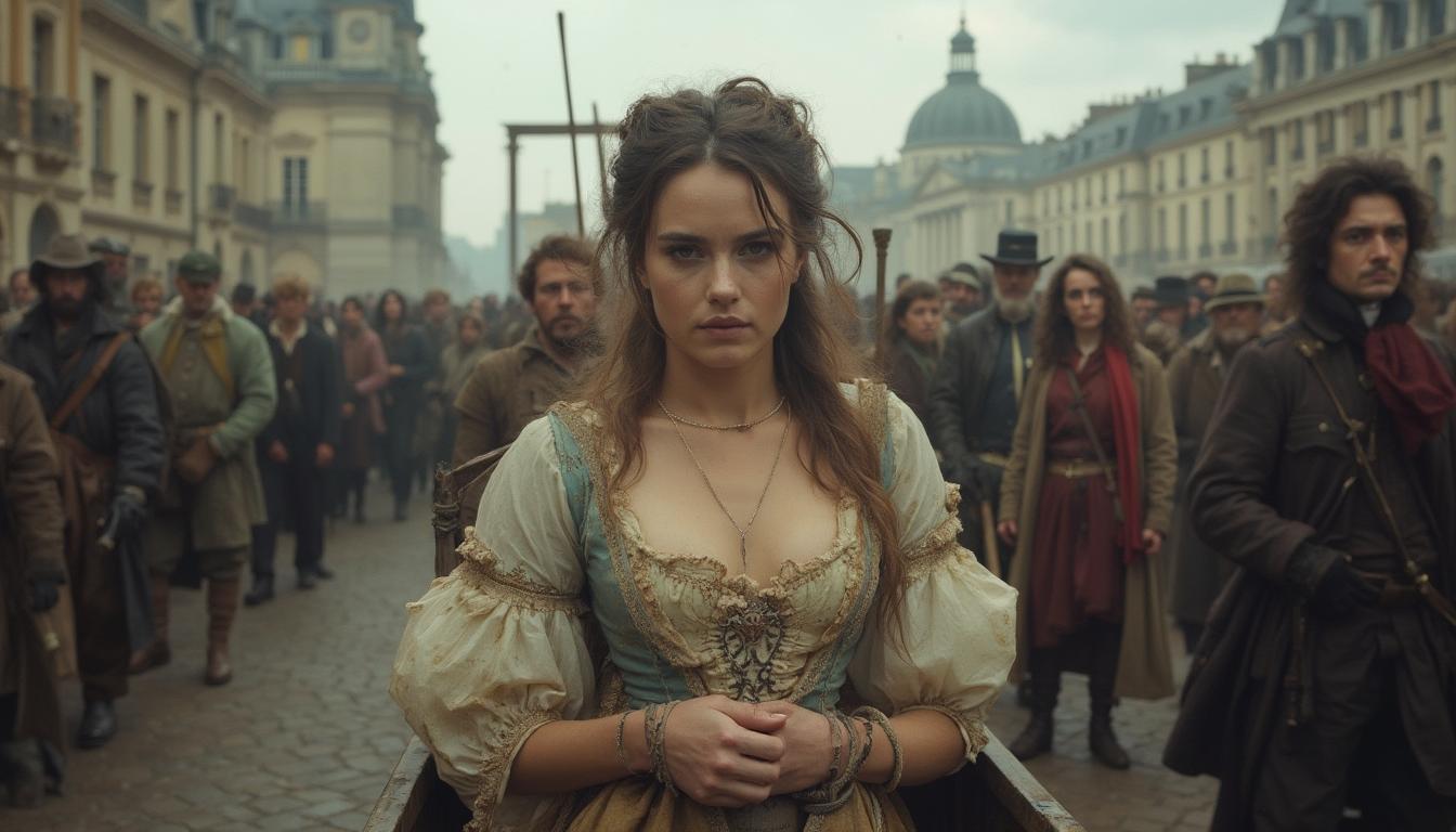 A tired-looking, yet strikingly beautiful aristocratic French woman, with delicate features and intricate attire, is captured in a poignant moment during the French Revolution. The scene is set in 1783, as she is carried in a humble, worn donkey cart to the Guillotine in the Place de la Concorde, Paris. In the distance behind her is the frame of the Guillotine. The cobblestone streets are lined with anxious, somber faces that reflect the intense, dramatic light of a cloudy afternoon. Her elaborate 18th-century gown, though now tattered, torn,  and dirty, hints at her former grandeur with luxurious silk fabrics, lace trimmings, and muted pastel colors. The camera captures this scene from a low angle, slightly to the side, emphasizing the contrasting emotions of despair and dignity.  Her hands are tied together with rough ropes, and her face is dirty. The atmosphere is tense yet melancholic, with the overcast sky casting a soft, diffused light over the entire scene. The backdrop of historic Parisian architecture looms in the background, details softened by the fog of revolution. This moment, rendered in a realist, painterly style akin to that of Jacques-Louis David, evokes a deep sense of history and pathos.