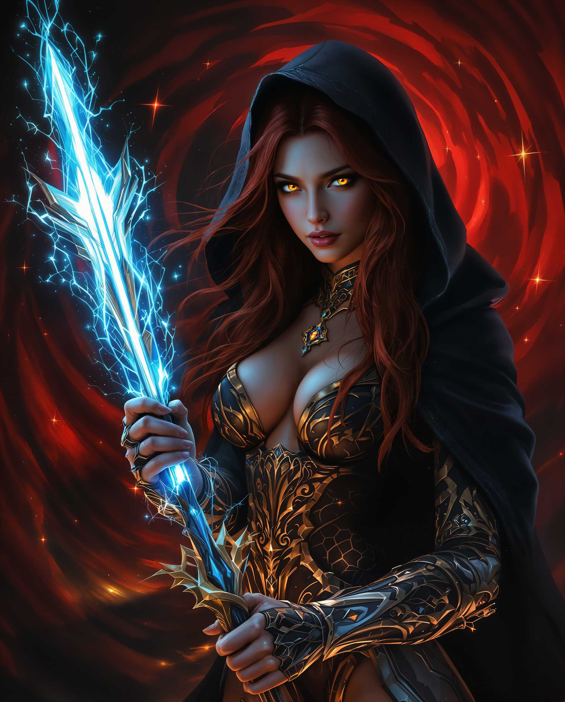 masterpiece, best quality, highres, sharp image, more detail <lora:more_details:0.5> <lora:SDXLrender_v2.0:1>, masterpiece, best quality, highres, sharp image, more detail, masterpiece, best quality, highres, sharp image, more detail, A stunning digital painting of a female character in a realistic setting, captured with a cinematic quality that emphasizes dramatic lighting and deep shadows for intense depth. She has long dark red hair with yellow eyes, She stands poised with a glowing bow and firey, translucent electric-blue arrow, emanating magical energy, set against a swirling dark background of reds and blacks with sparkling particles enhancing the otherworldly atmosphere. Her dark tanned, almost translucent skin contrasts with a detailed black hooded cloak, intricate bodice, gauntlets, and a matching pendant, all rendered in vibrant, cool tones with seamless gradients and a photorealistic 8K detail.
