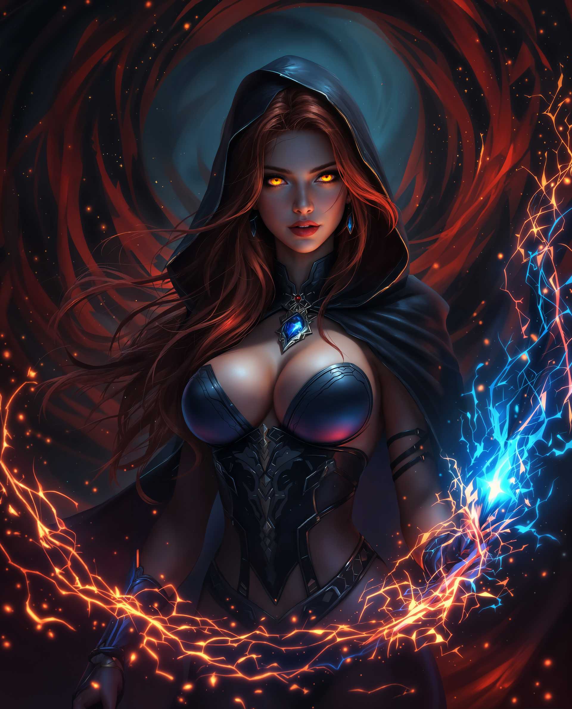 masterpiece, best quality, highres, sharp image, more detail <lora:more_details:0.5> <lora:SDXLrender_v2.0:1>, masterpiece, best quality, highres, sharp image, more detail, masterpiece, best quality, highres, sharp image, more detail, A stunning digital painting of a female character in a realistic setting, captured with a cinematic quality that emphasizes dramatic lighting and deep shadows for intense depth. She has long dark red hair with yellow eyes, She stands poised with a glowing bow and firey, translucent electric-blue arrow, emanating magical energy, set against a swirling dark background of reds and blacks with sparkling particles enhancing the otherworldly atmosphere. Her dark tanned, almost translucent skin contrasts with a detailed black hooded cloak, intricate bodice, gauntlets, and a matching pendant, all rendered in vibrant, cool tones with seamless gradients and a photorealistic 8K detail.