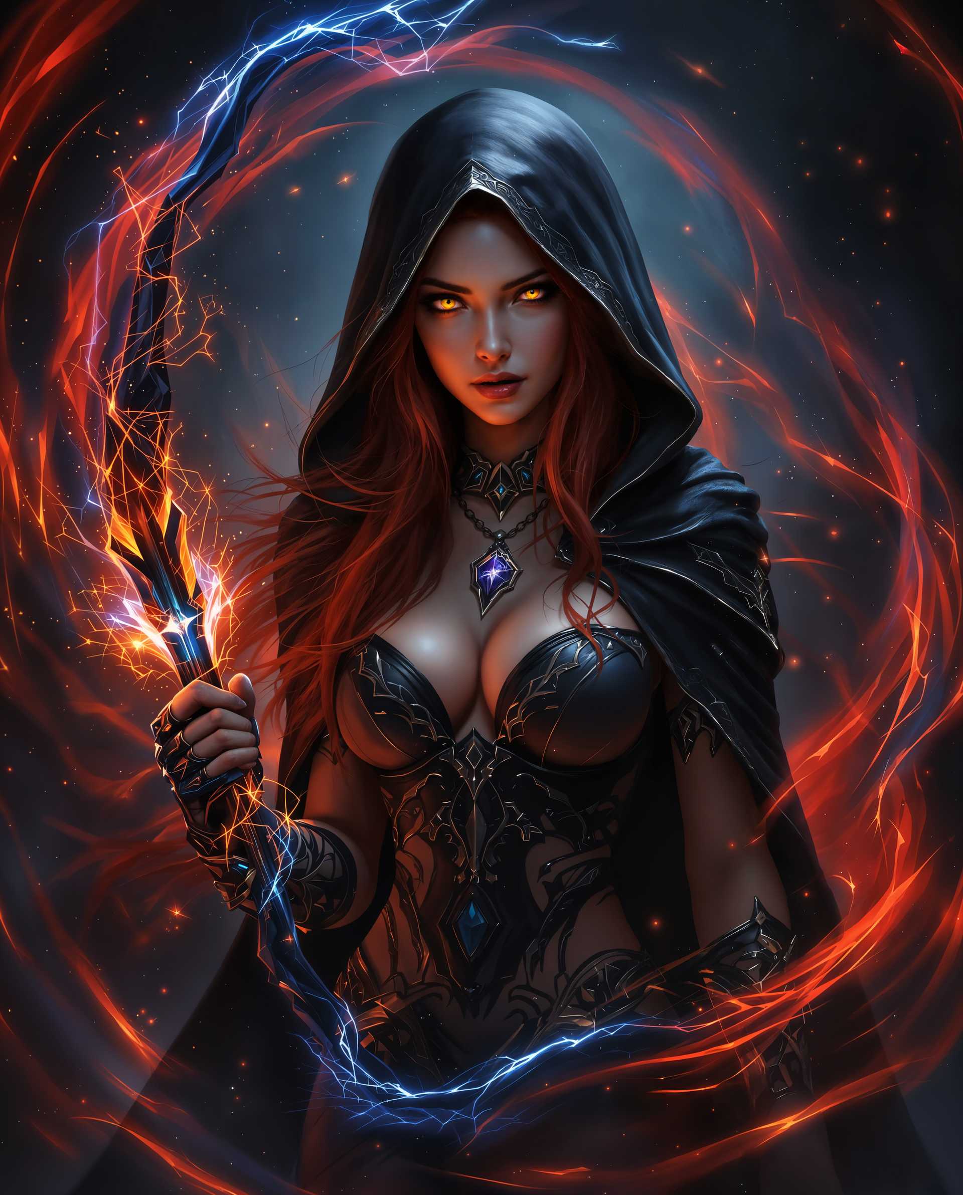 masterpiece, best quality, highres, sharp image, more detail <lora:more_details:0.5> <lora:SDXLrender_v2.0:1>, masterpiece, best quality, highres, sharp image, more detail, masterpiece, best quality, highres, sharp image, more detail, A stunning digital painting of a female character in a realistic setting, captured with a cinematic quality that emphasizes dramatic lighting and deep shadows for intense depth. She has long dark red hair with yellow eyes, She stands poised with a glowing bow and firey, translucent electric-blue arrow, emanating magical energy, set against a swirling dark background of reds and blacks with sparkling particles enhancing the otherworldly atmosphere. Her dark tanned, almost translucent skin contrasts with a detailed black hooded cloak, intricate bodice, gauntlets, and a matching pendant, all rendered in vibrant, cool tones with seamless gradients and a photorealistic 8K detail.