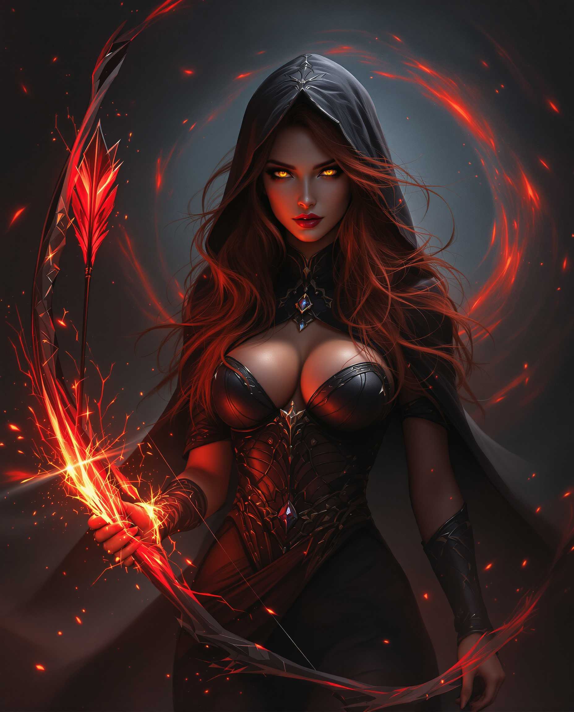 masterpiece, best quality, highres, sharp image, more detail, A breathtaking digital painting of a female character in a realistic, cinematic setting, illuminated by dramatic lighting and deep shadows that create intense depth. She stands confidently with long dark red hair and striking yellow eyes, posing with a glowing bow and a fiery, translucent red arrow radiating magical energy, set against a swirling dark background of reds and blacks with sparkling particles enhancing the otherworldly atmosphere. Her dark tanned, almost translucent skin contrasts with a detailed black hooded cloak, intricate bodice, gauntlets, and a matching pendant, all rendered in vibrant cool tones with seamless gradients and photorealistic 8K detail.