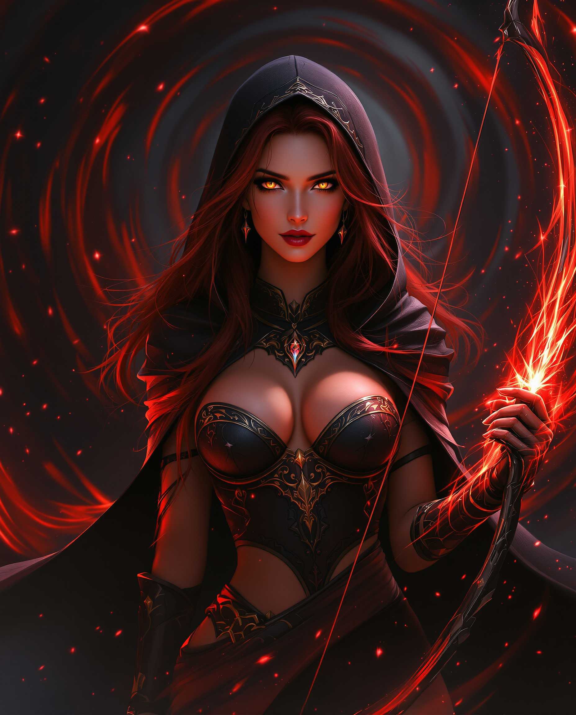 masterpiece, best quality, highres, sharp image, more detail, A breathtaking digital painting of a female character in a realistic, cinematic setting, illuminated by dramatic lighting and deep shadows that create intense depth. She stands confidently with long dark red hair and striking yellow eyes, posing with a glowing bow and a fiery, translucent red arrow radiating magical energy, set against a swirling dark background of reds and blacks with sparkling particles enhancing the otherworldly atmosphere. Her dark tanned, almost translucent skin contrasts with a detailed black hooded cloak, intricate bodice, gauntlets, and a matching pendant, all rendered in vibrant cool tones with seamless gradients and photorealistic 8K detail.