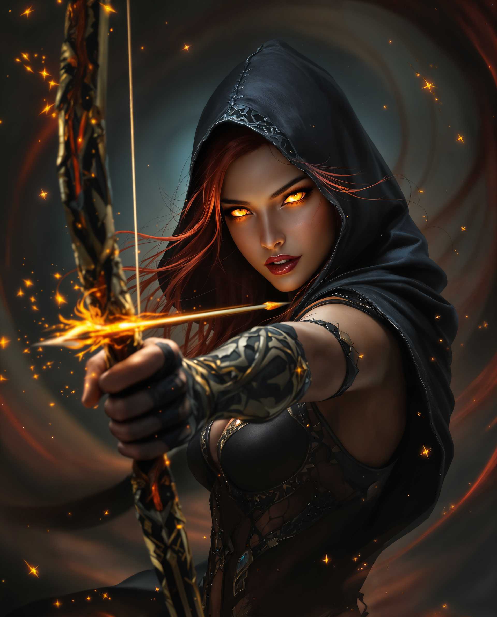 masterpiece, best quality, highres, sharp image, more detail <lora:more_details:0.5> <lora:SDXLrender_v2.0:1>, masterpiece, best quality, highres, sharp image, more detail, A breathtaking digital painting of a fierce female archer in a cinematic, realistic setting, aiming her bow with fiery arrows directly at the viewer, her long, dark red hair flowing and piercing yellow eyes glowing with intensity. Set against a swirling dark background of deep reds and blacks, sparkling particles dance in the air, amplifying the otherworldly atmosphere. Her dark tanned, almost translucent skin contrasts with a detailed black hooded cloak, intricate bodice, gauntlets, and matching pendant, all rendered in vibrant cool tones with seamless gradients and stunning 8K detail.
