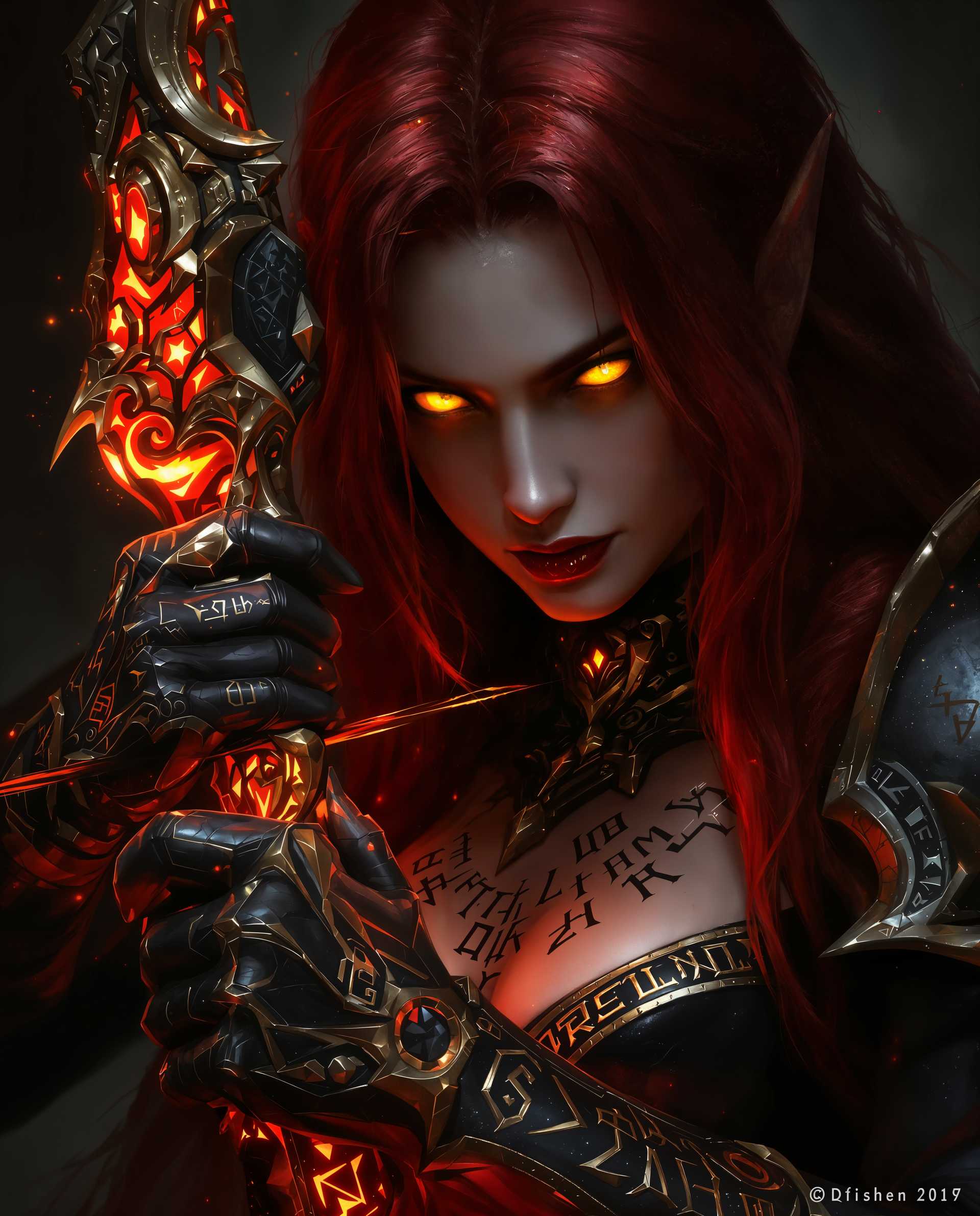 masterpiece, best quality, highres, sharp image, more detail <lora:more_details:0.5> <lora:SDXLrender_v2.0:1>, masterpiece, best quality, highres, sharp image, more detail, A highly detailed digital painting of a close-up view of a fantasy character with long, dark red hair and glowing yellow eyes, set in a moody, mystical environment. The artwork features dramatic lighting with deep shadows and striking highlights, emphasizing the realistic textures of the character’s hands gripping an ornate bow adorned with intricate designs and glowing red magical accents. The color palette is dominated by dark reds and blacks, accented by subtle yellows and golds, with mysterious runes etched on the character’s chest enhancing the otherworldly atmosphere.