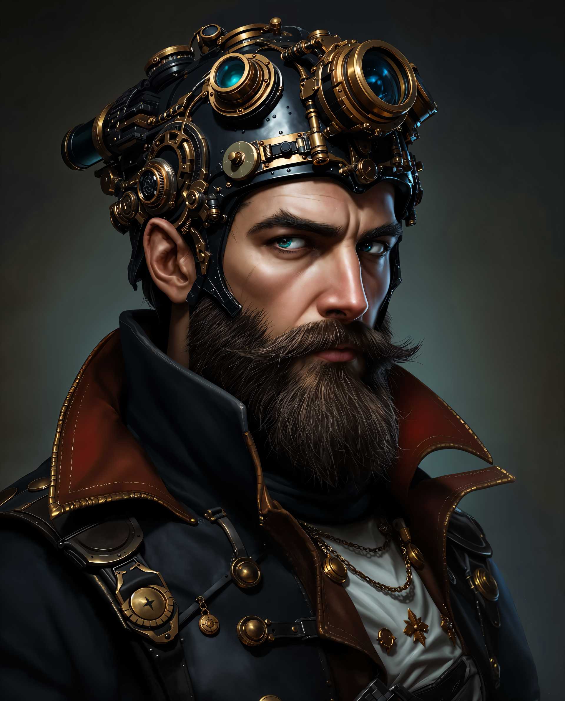 masterpiece, best quality, highres, sharp image, more detail <lora:more_details:0.5> <lora:SDXLrender_v2.0:1>, masterpiece, best quality, highres, sharp image, more detail, This image is a realistic photo (photograph) of a male real person closeup portrait of a character that appears to be from a fantasy or steampunk genre. The character is wearing a detailed, ornate headpiece that seems to be made of metal and leather, with various mechanical parts and gears attached to it. The headpiece has a dark, almost black color palette with gold and copper accents, and its adorned with what looks like a magnifying glass or telescope on the forehead, and a smaller, round device on the side.The character is also wearing a highcollared, dark coat with a red lining, which adds a touch of elegance to the overall steampunk aesthetic. The coat is detailed with gold trim and buttons, and there are various straps and buckles that secure it around the neck and waist.The art style of the image is highly detailed and realistic, with a focus on textures and lighting that give the image a threedimensional quality. The medium appears to be digital painting, given the smooth gradients and seamless blending of colors.The colors in the image are rich and varied, with a predominance of dark blues, blacks, and browns, punctuated by the gold and copper accents of the headpiece and coat. There are also splashes of red and white, which come from the characters beard and the light reflections on the metallic surfaces, respectively.Objects in the image include the characters headpiece, coat, and beard. The headpiece is the most prominent object, with its intricate design and mechanical parts drawing the eye. The coat adds to the steampunk theme, and the beard gives the character a rugged, masculine appearance.Overall, the image is a richly detailed and atmospheric portrayal of a steampunk fantasy character, with a focus on textures, lighting, and color contrasts that create a compelling and immersive visual experience.