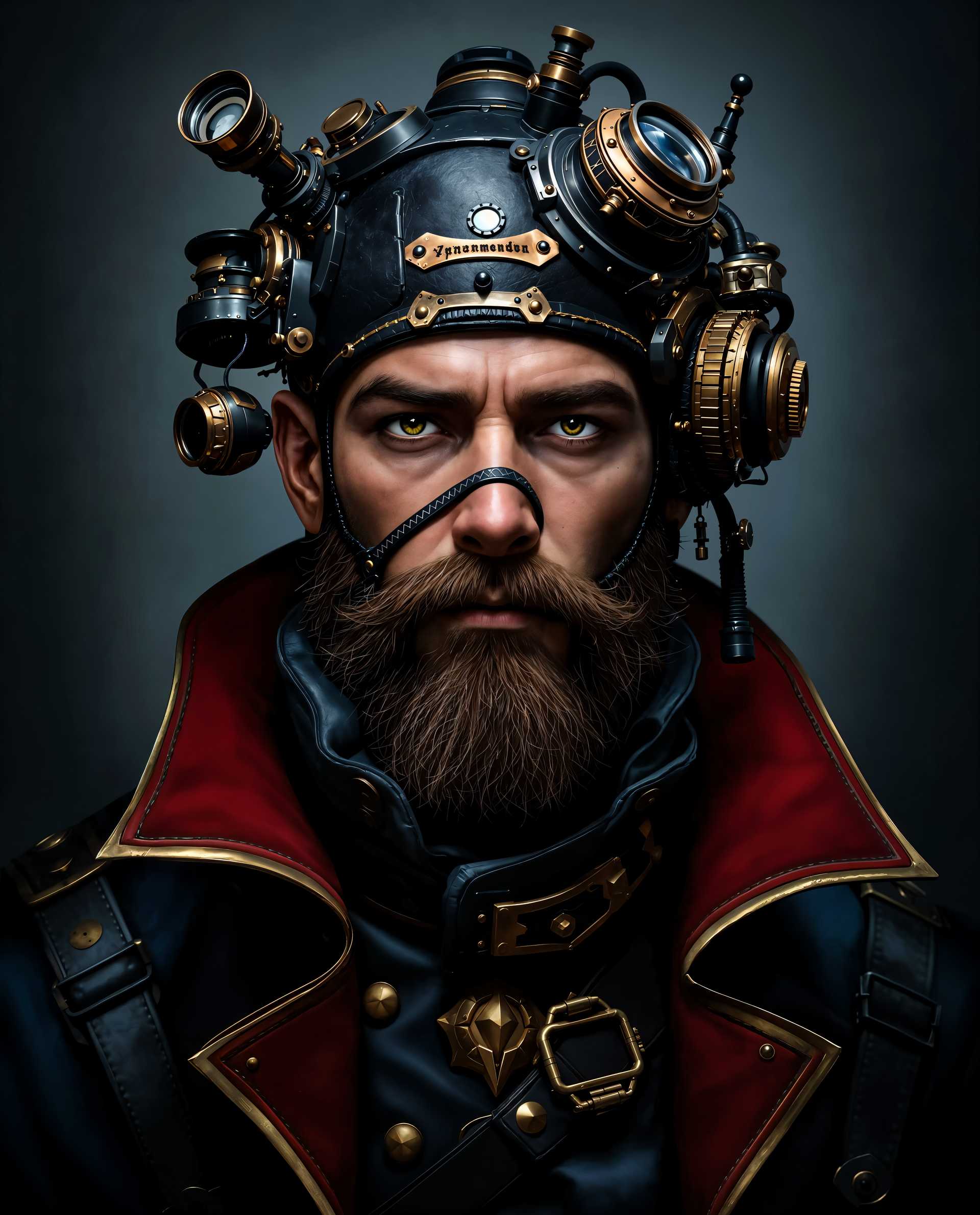 masterpiece, best quality, highres, sharp image, more detail <lora:more_details:0.5> <lora:SDXLrender_v2.0:1>, masterpiece, best quality, highres, sharp image, more detail, This image is a realistic photo (photograph) of a male real person closeup portrait of a character that appears to be from a fantasy or steampunk genre. The character is wearing a detailed, ornate headpiece that seems to be made of metal and leather, with various mechanical parts and gears attached to it. The headpiece has a dark, almost black color palette with gold and copper accents, and its adorned with what looks like a magnifying glass or telescope on the forehead, and a smaller, round device on the side.The character is also wearing a highcollared, dark coat with a red lining, which adds a touch of elegance to the overall steampunk aesthetic. The coat is detailed with gold trim and buttons, and there are various straps and buckles that secure it around the neck and waist.The art style of the image is highly detailed and realistic, with a focus on textures and lighting that give the image a threedimensional quality. The medium appears to be digital painting, given the smooth gradients and seamless blending of colors.The colors in the image are rich and varied, with a predominance of dark blues, blacks, and browns, punctuated by the gold and copper accents of the headpiece and coat. There are also splashes of red and white, which come from the characters beard and the light reflections on the metallic surfaces, respectively.Objects in the image include the characters headpiece, coat, and beard. The headpiece is the most prominent object, with its intricate design and mechanical parts drawing the eye. The coat adds to the steampunk theme, and the beard gives the character a rugged, masculine appearance.Overall, the image is a richly detailed and atmospheric portrayal of a steampunk fantasy character, with a focus on textures, lighting, and color contrasts that create a compelling and immersive visual experience.