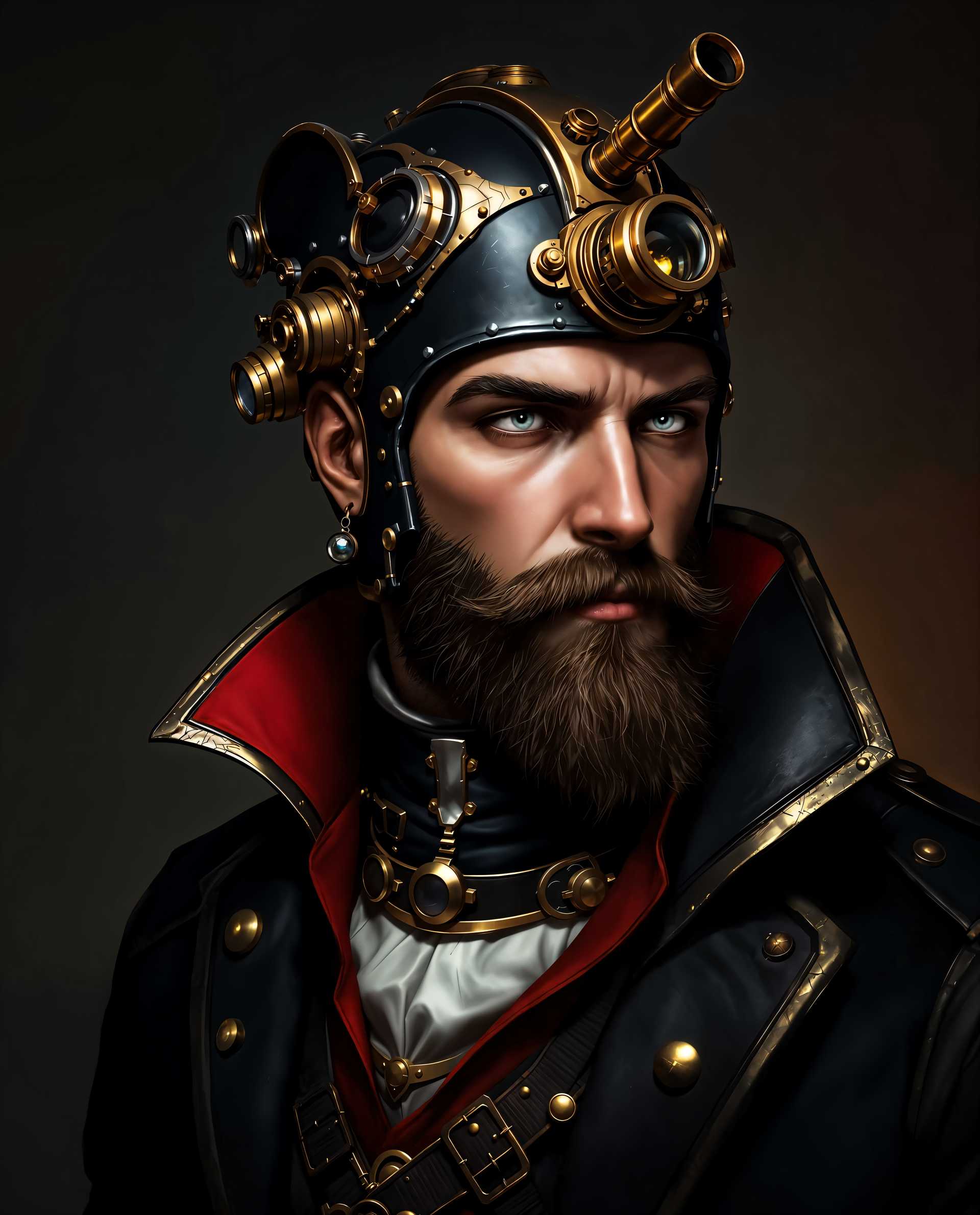 masterpiece, best quality, highres, sharp image, more detail <lora:more_details:0.5> <lora:SDXLrender_v2.0:1>, masterpiece, best quality, highres, sharp image, more detail, This image is a realistic photo (photograph) of a male real person closeup portrait of a character that appears to be from a fantasy or steampunk genre. The character is wearing a detailed, ornate headpiece that seems to be made of metal and leather, with various mechanical parts and gears attached to it. The headpiece has a dark, almost black color palette with gold and copper accents, and its adorned with what looks like a magnifying glass or telescope on the forehead, and a smaller, round device on the side.The character is also wearing a highcollared, dark coat with a red lining, which adds a touch of elegance to the overall steampunk aesthetic. The coat is detailed with gold trim and buttons, and there are various straps and buckles that secure it around the neck and waist.The art style of the image is highly detailed and realistic, with a focus on textures and lighting that give the image a threedimensional quality. The medium appears to be digital painting, given the smooth gradients and seamless blending of colors.The colors in the image are rich and varied, with a predominance of dark blues, blacks, and browns, punctuated by the gold and copper accents of the headpiece and coat. There are also splashes of red and white, which come from the characters beard and the light reflections on the metallic surfaces, respectively.Objects in the image include the characters headpiece, coat, and beard. The headpiece is the most prominent object, with its intricate design and mechanical parts drawing the eye. The coat adds to the steampunk theme, and the beard gives the character a rugged, masculine appearance.Overall, the image is a richly detailed and atmospheric portrayal of a steampunk fantasy character, with a focus on textures, lighting, and color contrasts that create a compelling and immersive visual experience.