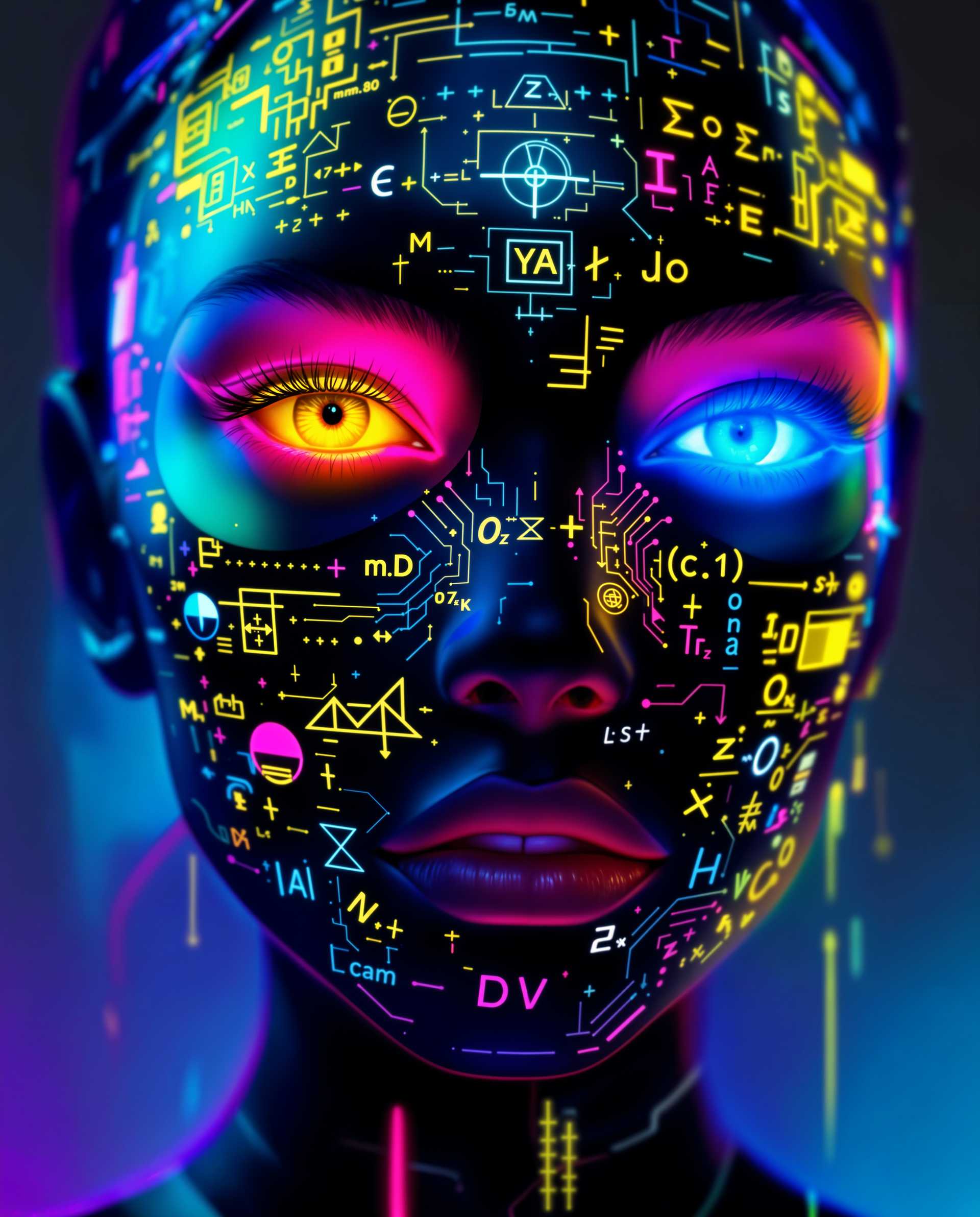 masterpiece, best quality, highres, sharp image, more detail <lora:more_details:0.5> <lora:SDXLrender_v2.0:1>, masterpiece, best quality, highres, sharp image, more detail, This image is a realistic photo (photograph) of a female real person digital artwork that exudes a cyberpunk vibe, characterized by its futuristic and neonlit aesthetic. The subject of the image is a closeup of a persons face, with a focus on the eyes and the mask they are wearing.The art style is highly stylized and appears to be a blend of digital painting and illustration techniques, with a strong emphasis on vibrant colors and intricate details. The medium seems to be a digital canvas, given the smooth gradients and seamless blending of colors.The colors in the image are rich and dynamic, with a predominance of neon hues such as pink, blue, yellow, and green. These colors are used to create a sense of energy and movement, and they are applied in a way that gives the image a threedimensional effect. The background is a gradient of blues and purples, which contrasts with the bright colors of the subject and adds to the overall futuristic feel.The subjects eyes are detailed and expressive, with one eye having a golden iris and the other a blue one. The irises are surrounded by a halo of neon pink, which complements the vibrant colors of the mask.The mask is the centerpiece of the image and is a work of art in itself. It is adorned with an array of symbols and designs, including mathematical equations, circuitlike patterns, and various shapes and symbols that suggest a connection to technology and artificial intelligence. The mask is predominantly black, with neon accents that stand out against the dark background, adding to the overall sense of depth and complexity.The overall effect of the image is one of awe and intrigue, inviting the viewer to ponder the themes of technology, identity, and the future that the artwork represents.