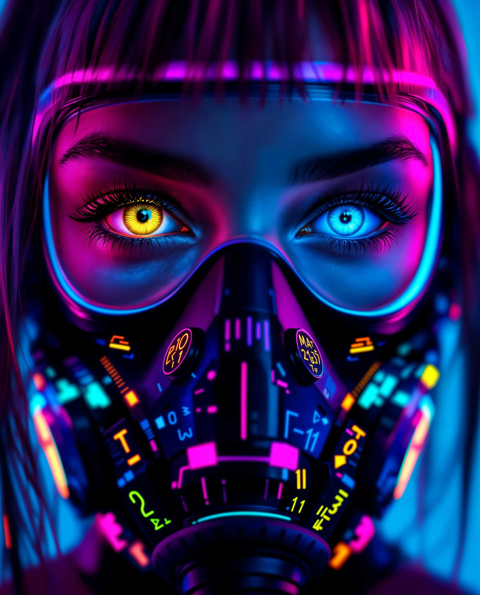 masterpiece, best quality, highres, sharp image, more detail <lora:more_details:0.5> <lora:SDXLrender_v2.0:1>, masterpiece, best quality, highres, sharp image, more detail, A striking close-up photograph of a female face, captured with a futuristic cyberpunk aesthetic, focusing on her expressive eyes and an intricate cyberpunk gas mask. Her eyes, one with a golden iris and the other blue, are framed by a neon pink halo, while the black mask features neon accents of pink, blue, yellow, and green, adorned with circuit-like patterns and mathematical symbols, set against a gradient background of blues and purples. Shot with a DSLR, 50mm lens, cinematic lighting, and 8K detail, the image blends photorealistic clarity with vibrant digital painting techniques, exuding energy and depth.