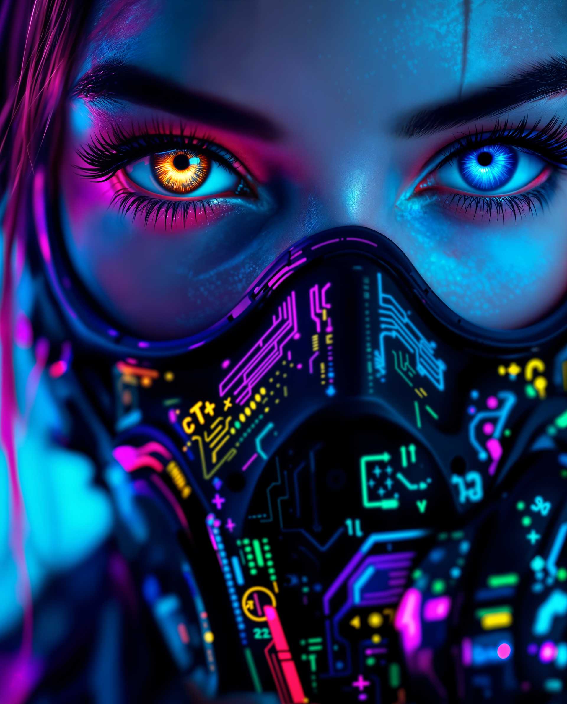 masterpiece, best quality, highres, sharp image, more detail <lora:more_details:0.5> <lora:SDXLrender_v2.0:1>, masterpiece, best quality, highres, sharp image, more detail, A striking close-up photograph of a female face, captured with a futuristic cyberpunk aesthetic, focusing on her expressive eyes and an intricate cyberpunk gas mask. Her eyes, one with a golden iris and the other blue, are framed by a neon pink halo, while the black mask features neon accents of pink, blue, yellow, and green, adorned with circuit-like patterns and mathematical symbols, set against a gradient background of blues and purples. Shot with a DSLR, 50mm lens, cinematic lighting, and 8K detail, the image blends photorealistic clarity with vibrant digital painting techniques, exuding energy and depth.