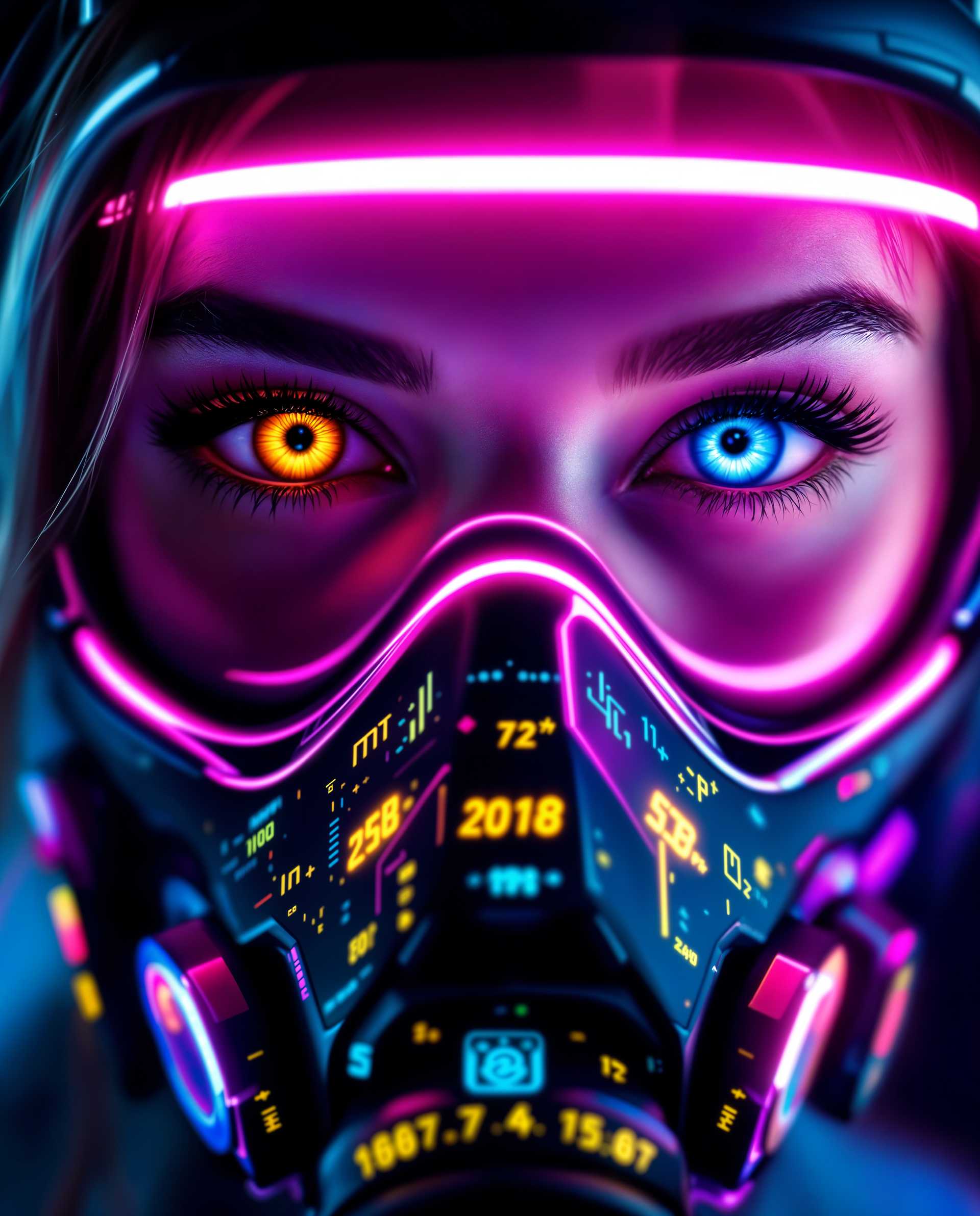 masterpiece, best quality, highres, sharp image, more detail <lora:more_details:0.5> <lora:SDXLrender_v2.0:1>, masterpiece, best quality, highres, sharp image, more detail, A striking close-up photograph of a female face, captured with a futuristic cyberpunk aesthetic, focusing on her expressive eyes and an intricate cyberpunk gas mask. Her eyes, one with a golden iris and the other blue, are framed by a neon pink halo, while the black mask features neon accents of pink, blue, yellow, and green, adorned with circuit-like patterns and mathematical symbols, set against a gradient background of blues and purples. Shot with a DSLR, 50mm lens, cinematic lighting, and 8K detail, the image blends photorealistic clarity with vibrant digital painting techniques, exuding energy and depth.