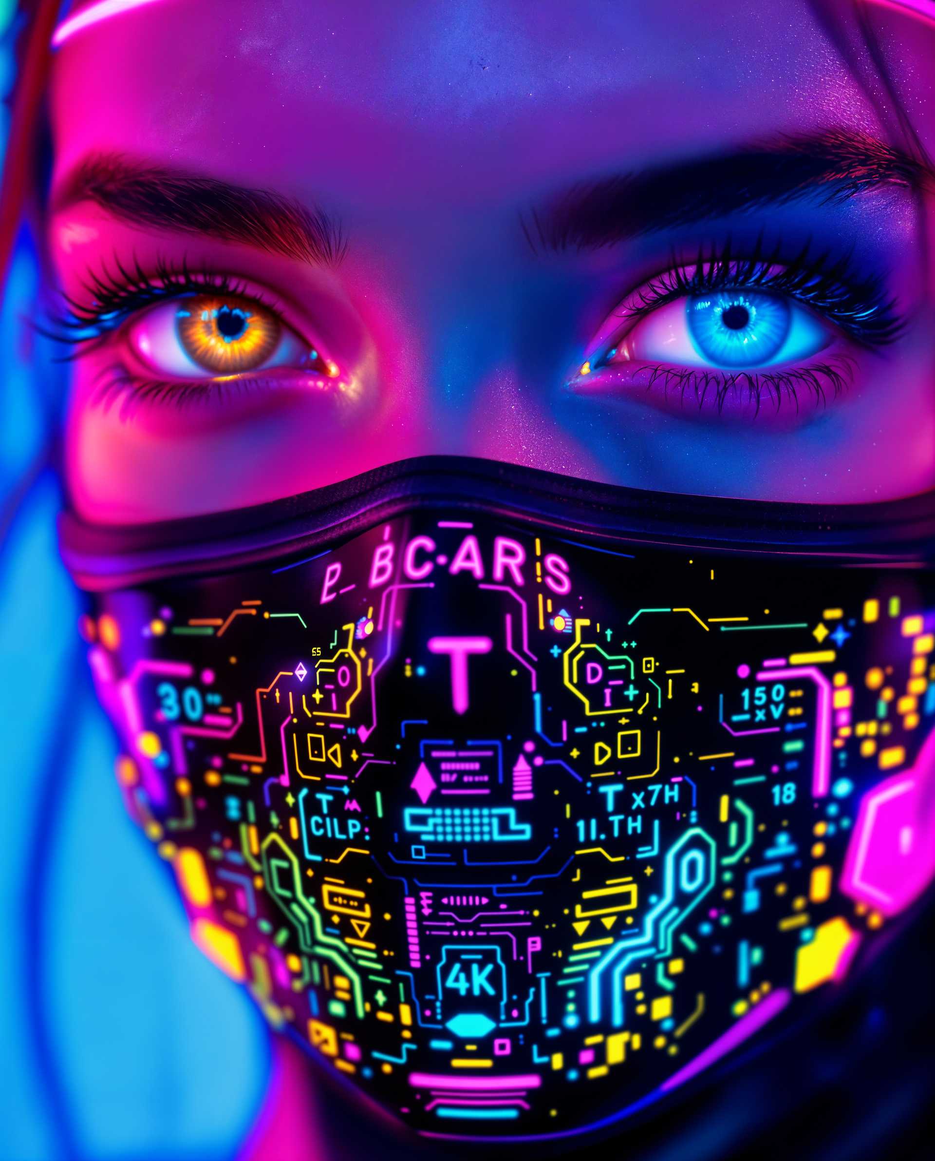 masterpiece, best quality, highres, sharp image, more detail <lora:more_details:0.5> <lora:SDXLrender_v2.0:1>, masterpiece, best quality, highres, sharp image, more detail, A striking close-up photograph of a female face, captured with a futuristic cyberpunk aesthetic, focusing on her expressive eyes and an intricate cyberpunk mask that covers her lips. Her eyes, one with a golden iris and the other blue, are framed by a neon pink halo, while the black mask features neon accents of pink, blue, yellow, and green, adorned with circuit-like patterns and mathematical symbols, set against a gradient background of blues and purples. Shot with a DSLR, 50mm lens, cinematic lighting, and 8K detail, the image blends photorealistic clarity with vibrant digital painting techniques, exuding energy and depth.