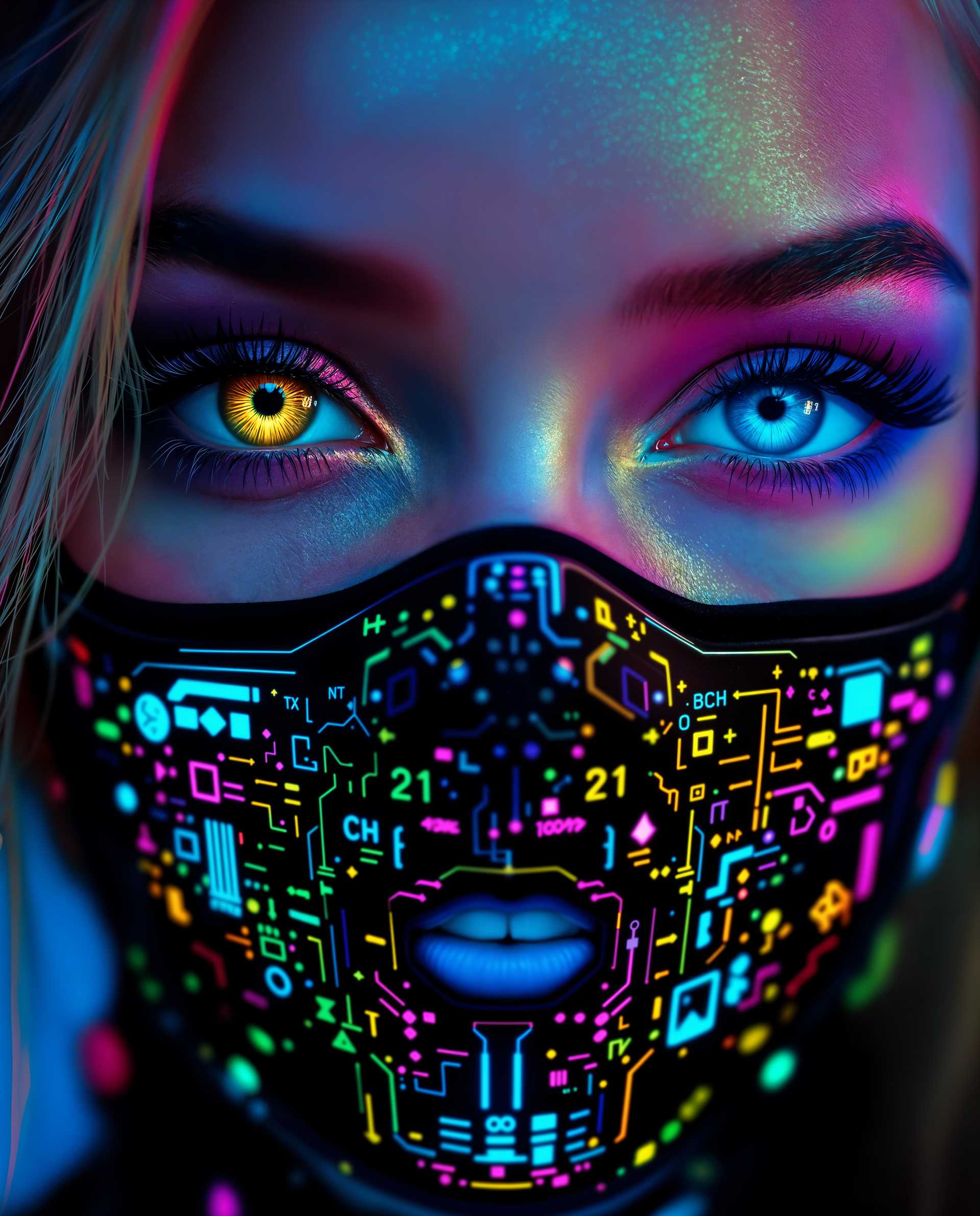 masterpiece, best quality, highres, sharp image, more detail <lora:more_details:0.5> <lora:SDXLrender_v2.0:1>, masterpiece, best quality, highres, sharp image, more detail, A striking close-up photograph of a female face, captured with a futuristic cyberpunk aesthetic, focusing on her expressive eyes and an intricate cyberpunk mask that covers her lips. Her eyes, one with a golden iris and the other blue, are framed by a neon pink halo, while the black mask features neon accents of pink, blue, yellow, and green, adorned with circuit-like patterns and mathematical symbols, set against a gradient background of blues and purples. Shot with a DSLR, 50mm lens, cinematic lighting, and 8K detail, the image blends photorealistic clarity with vibrant digital painting techniques, exuding energy and depth.