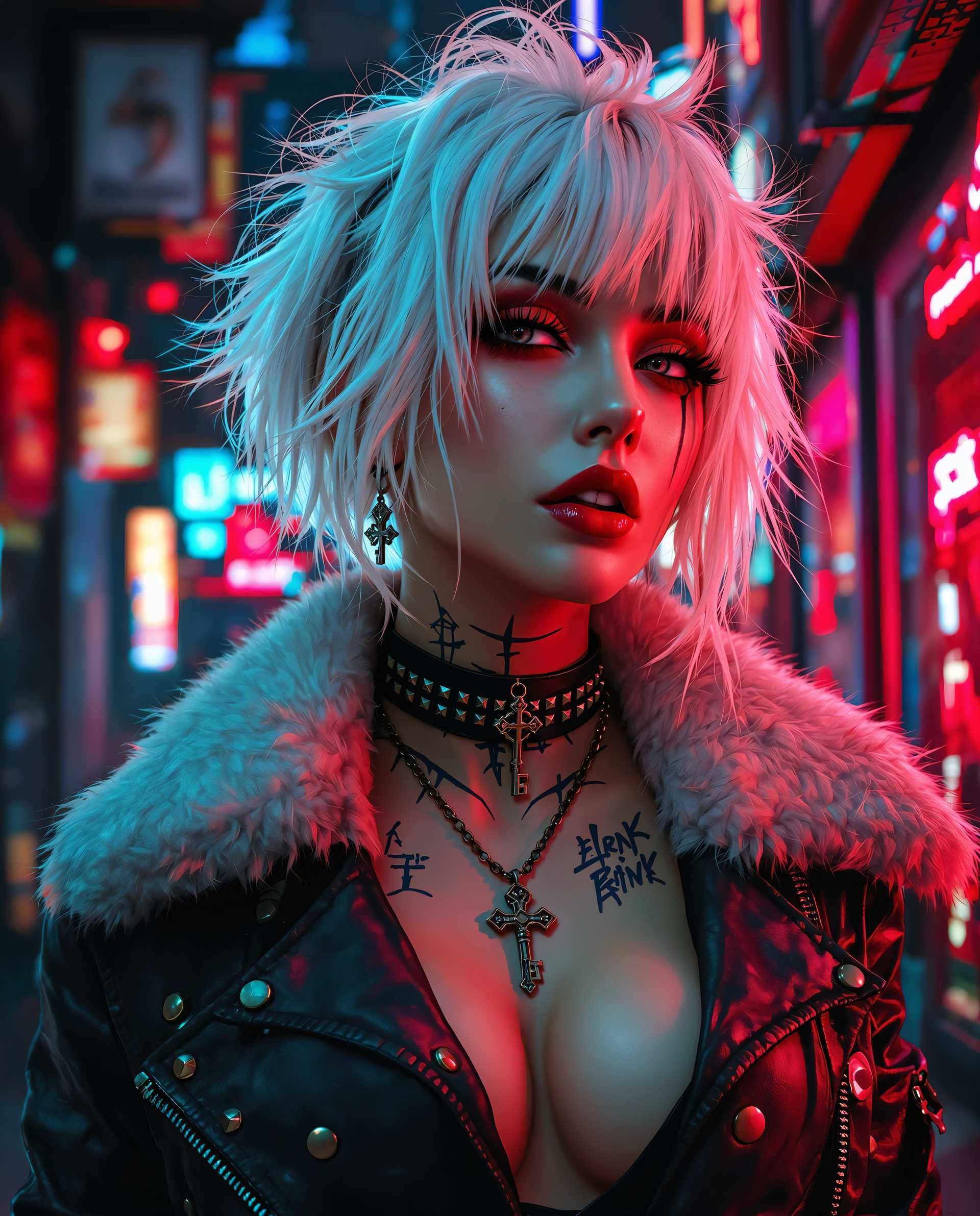 masterpiece, best quality, highres, sharp image, more detail <lora:more_details:0.5> <lora:SDXLrender_v2.0:1>, This image is a realistic photo (photograph) of a female real person digital artwork that captures a closeup of a person with a cyberpunk aesthetic. The art style is characterized by its high contrast, dramatic lighting, and a futuristic, urban setting that is often associated with cyberpunk genres. The medium appears to be a digital painting, given the smooth blending of colors and the lack of texture that would be present in a traditional painting.The colors in the image are predominantly cool tones with neon accents. The subjects hair is a blend of white and a soft pink, which stands out against the darker background. The hair is styled in a way that suggests movement and volume, with strands sticking out in different directions, giving it a wild and edgy look. The lighting casts shadows that contour the hair, adding depth to the image.The subject is wearing a studded leather jacket with a fur collar, which adds to the cyberpunk vibe. The jacket is detailed with various studs and buckles, and there are visible scratches and scuffs that give it a wellworn, battlescarred appearance. The jackets texture is emphasized by the lighting, which creates highlights and shadows that mimic the raised studs.Around the neck, the subject wears a choker with a cross pendant, which is a common symbol in cyberpunk culture. The choker is studded and has a chain that leads down to a pendant, which is also studded and has a key design. The key pendant is a nod to themes of unlocking and access in cyberpunk narratives.The subjects makeup is bold and dramatic, with red eyeshadow and lipstick that stands out against the pale skin. The red eyes are particularly striking, and the reflection of the neon lights in the eyes adds to the cyberpunk ambiance. There are also visible tattoos on the subjects neck and chest, which are partially obscured by the jacket.The background of the image is a blend of neon signs and urban structures, with a sense of depth created by the layering of the elements. The neon signs are in various colors, with red and blue being the most prominent, and they cast a glow on the subject, enhancing the cyberpunk feel. The urban structures are dark and shadowy, with a sense of decay and abandonment that is common in cyberpunk settings.Overall, the image is a rich tapestry of cyberpunk elements, from the fashion to the makeup, to the urban environment, all coming together to create a compelling and immersive visual experience.
