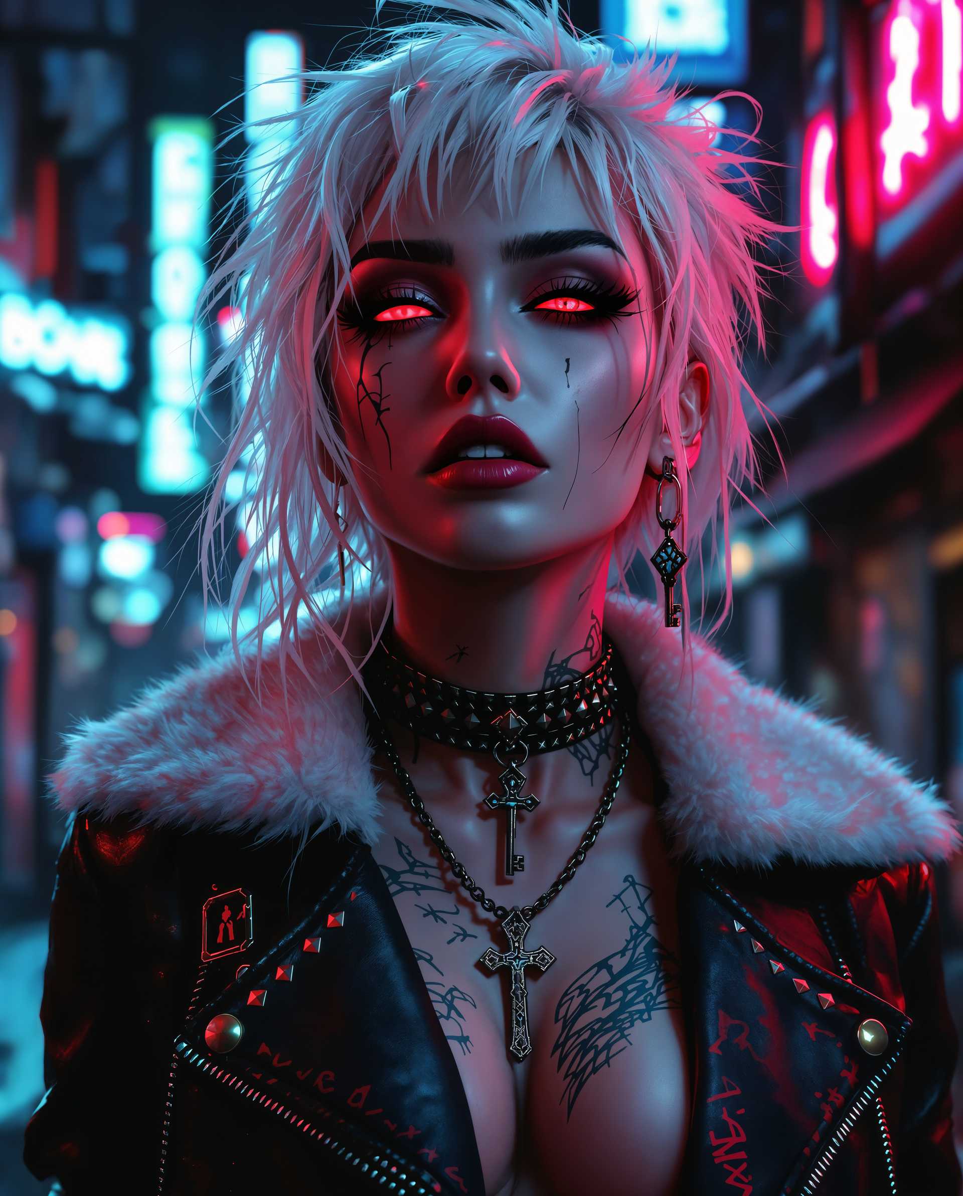masterpiece, best quality, highres, sharp image, more detail <lora:more_details:0.5> <lora:SDXLrender_v2.0:1>, masterpiece, best quality, highres, sharp image, more detail, This image is a realistic photo (photograph) of a female real person digital artwork that captures a closeup of a person with a cyberpunk aesthetic. The art style is characterized by its high contrast, dramatic lighting, and a futuristic, urban setting that is often associated with cyberpunk genres. The medium appears to be a digital painting, given the smooth blending of colors and the lack of texture that would be present in a traditional painting.The colors in the image are predominantly cool tones with neon accents. The subjects hair is a blend of white and a soft pink, which stands out against the darker background. The hair is styled in a way that suggests movement and volume, with strands sticking out in different directions, giving it a wild and edgy look. The lighting casts shadows that contour the hair, adding depth to the image.The subject is wearing a studded leather jacket with a fur collar, which adds to the cyberpunk vibe. The jacket is detailed with various studs and buckles, and there are visible scratches and scuffs that give it a wellworn, battlescarred appearance. The jackets texture is emphasized by the lighting, which creates highlights and shadows that mimic the raised studs.Around the neck, the subject wears a choker with a cross pendant, which is a common symbol in cyberpunk culture. The choker is studded and has a chain that leads down to a pendant, which is also studded and has a key design. The key pendant is a nod to themes of unlocking and access in cyberpunk narratives.The subjects makeup is bold and dramatic, with red eyeshadow and lipstick that stands out against the pale skin. The red eyes are particularly striking, and the reflection of the neon lights in the eyes adds to the cyberpunk ambiance. There are also visible tattoos on the subjects neck and chest, which are partially obscured by the jacket.The background of the image is a blend of neon signs and urban structures, with a sense of depth created by the layering of the elements. The neon signs are in various colors, with red and blue being the most prominent, and they cast a glow on the subject, enhancing the cyberpunk feel. The urban structures are dark and shadowy, with a sense of decay and abandonment that is common in cyberpunk settings.Overall, the image is a rich tapestry of cyberpunk elements, from the fashion to the makeup, to the urban environment, all coming together to create a compelling and immersive visual experience.