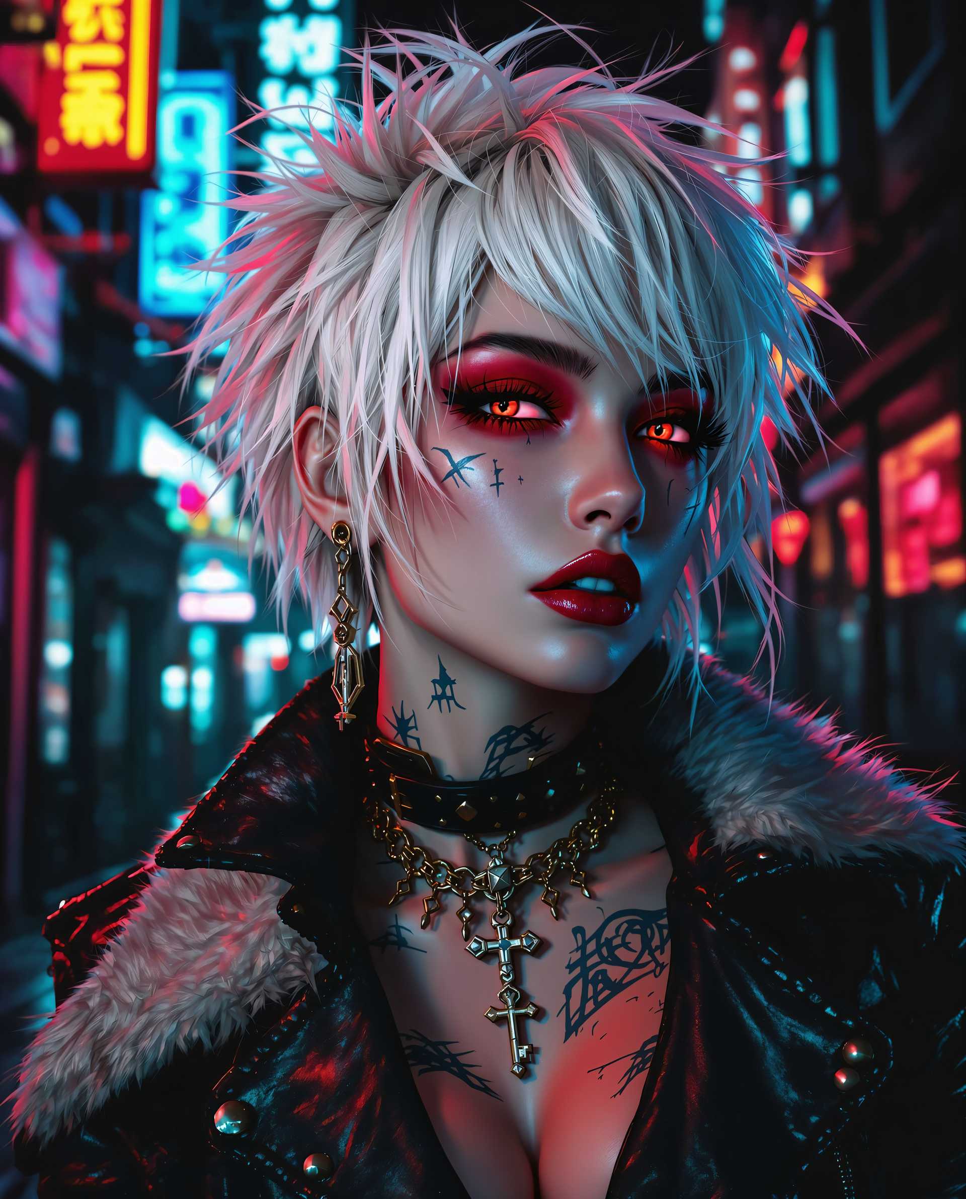masterpiece, best quality, highres, sharp image, more detail <lora:more_details:0.5> <lora:SDXLrender_v2.0:1>, This image is a realistic photo (photograph) of a female real person digital artwork that captures a closeup of a person with a cyberpunk aesthetic. The art style is characterized by its high contrast, dramatic lighting, and a futuristic, urban setting that is often associated with cyberpunk genres. The medium appears to be a digital painting, given the smooth blending of colors and the lack of texture that would be present in a traditional painting.The colors in the image are predominantly cool tones with neon accents. The subjects hair is a blend of white and a soft pink, which stands out against the darker background. The hair is styled in a way that suggests movement and volume, with strands sticking out in different directions, giving it a wild and edgy look. The lighting casts shadows that contour the hair, adding depth to the image.The subject is wearing a studded leather jacket with a fur collar, which adds to the cyberpunk vibe. The jacket is detailed with various studs and buckles, and there are visible scratches and scuffs that give it a wellworn, battlescarred appearance. The jackets texture is emphasized by the lighting, which creates highlights and shadows that mimic the raised studs.Around the neck, the subject wears a choker with a cross pendant, which is a common symbol in cyberpunk culture. The choker is studded and has a chain that leads down to a pendant, which is also studded and has a key design. The key pendant is a nod to themes of unlocking and access in cyberpunk narratives.The subjects makeup is bold and dramatic, with red eyeshadow and lipstick that stands out against the pale skin. The red eyes are particularly striking, and the reflection of the neon lights in the eyes adds to the cyberpunk ambiance. There are also visible tattoos on the subjects neck and chest, which are partially obscured by the jacket.The background of the image is a blend of neon signs and urban structures, with a sense of depth created by the layering of the elements. The neon signs are in various colors, with red and blue being the most prominent, and they cast a glow on the subject, enhancing the cyberpunk feel. The urban structures are dark and shadowy, with a sense of decay and abandonment that is common in cyberpunk settings.Overall, the image is a rich tapestry of cyberpunk elements, from the fashion to the makeup, to the urban environment, all coming together to create a compelling and immersive visual experience.