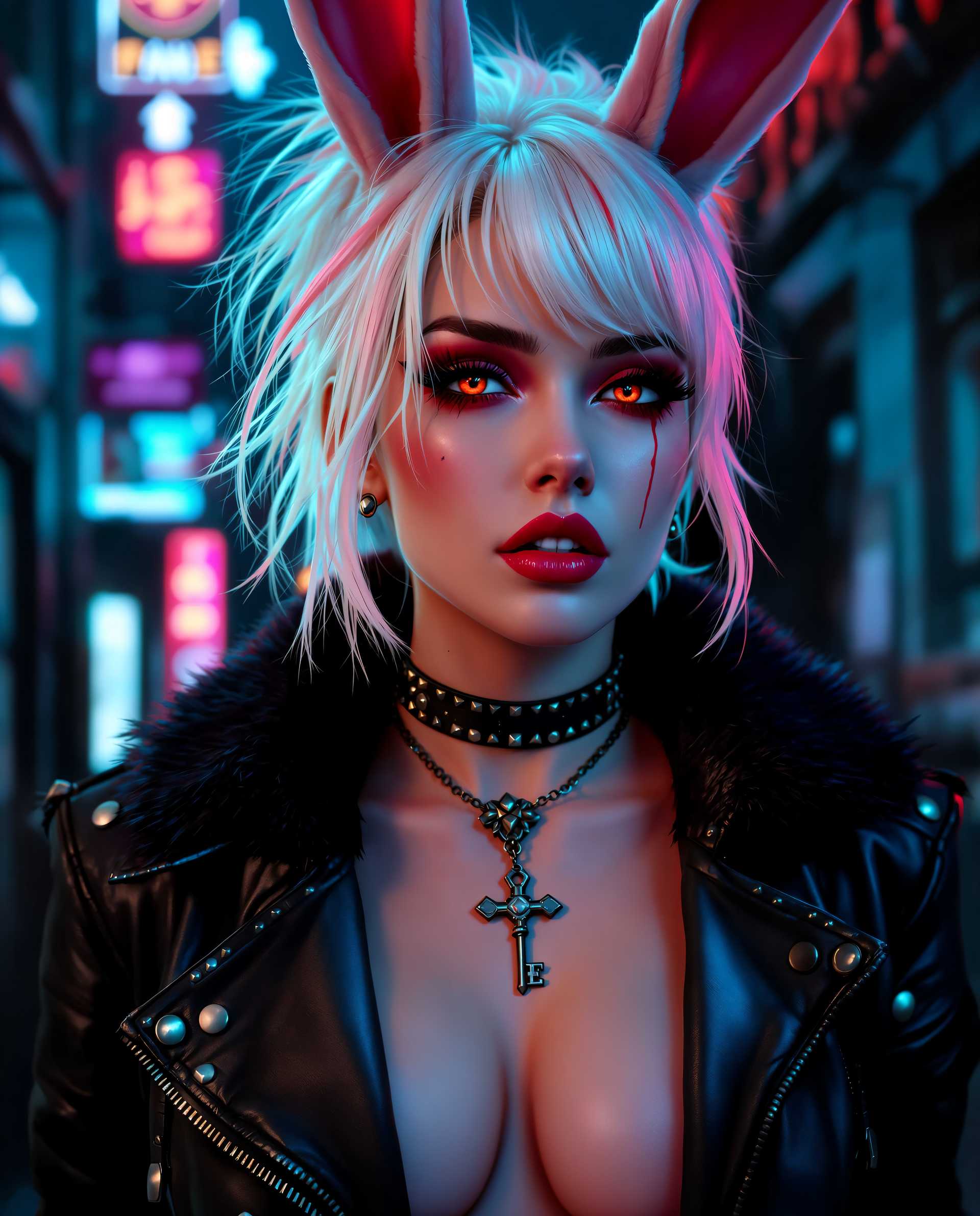masterpiece, best quality, highres, sharp image, more detail <lora:more_details:0.5> <lora:SDXLrender_v2.0:1>, This image is a realistic photo (photograph) of a female real person digital artwork that captures a closeup of a person with a cyberpunk aesthetic. The art style is characterized by its high contrast, dramatic lighting, and a futuristic, urban setting that is often associated with cyberpunk genres, she also has bunny ears. The medium appears to be a digital painting, given the smooth blending of colors and the lack of texture that would be present in a traditional painting.The colors in the image are predominantly cool tones with neon accents. The subjects hair is a blend of white and a soft pink, which stands out against the darker background. The hair is styled in a way that suggests movement and volume, with strands sticking out in different directions, giving it a wild and edgy look. The lighting casts shadows that contour the hair, adding depth to the image.The subject is wearing a studded leather jacket with a fur collar, which adds to the cyberpunk vibe. The jacket is detailed with various studs and buckles, and there are visible scratches and scuffs that give it a wellworn, battlescarred appearance. The jackets texture is emphasized by the lighting, which creates highlights and shadows that mimic the raised studs.Around the neck, the subject wears a choker with a cross pendant, which is a common symbol in cyberpunk culture. The choker is studded and has a chain that leads down to a pendant, which is also studded and has a key design. The key pendant is a nod to themes of unlocking and access in cyberpunk narratives.The subjects makeup is bold and dramatic, with red eyeshadow and lipstick that stands out against the pale skin. The red eyes are particularly striking, and the reflection of the neon lights in the eyes adds to the cyberpunk ambiance. There are also visible tattoos on the subjects neck and chest, which are partially obscured by the jacket.The background of the image is a blend of neon signs and urban structures, with a sense of depth created by the layering of the elements. The neon signs are in various colors, with red and blue being the most prominent, and they cast a glow on the subject, enhancing the cyberpunk feel. The urban structures are dark and shadowy, with a sense of decay and abandonment that is common in cyberpunk settings.Overall, the image is a rich tapestry of cyberpunk elements, from the fashion to the makeup, to the urban environment, all coming together to create a compelling and immersive visual experience.