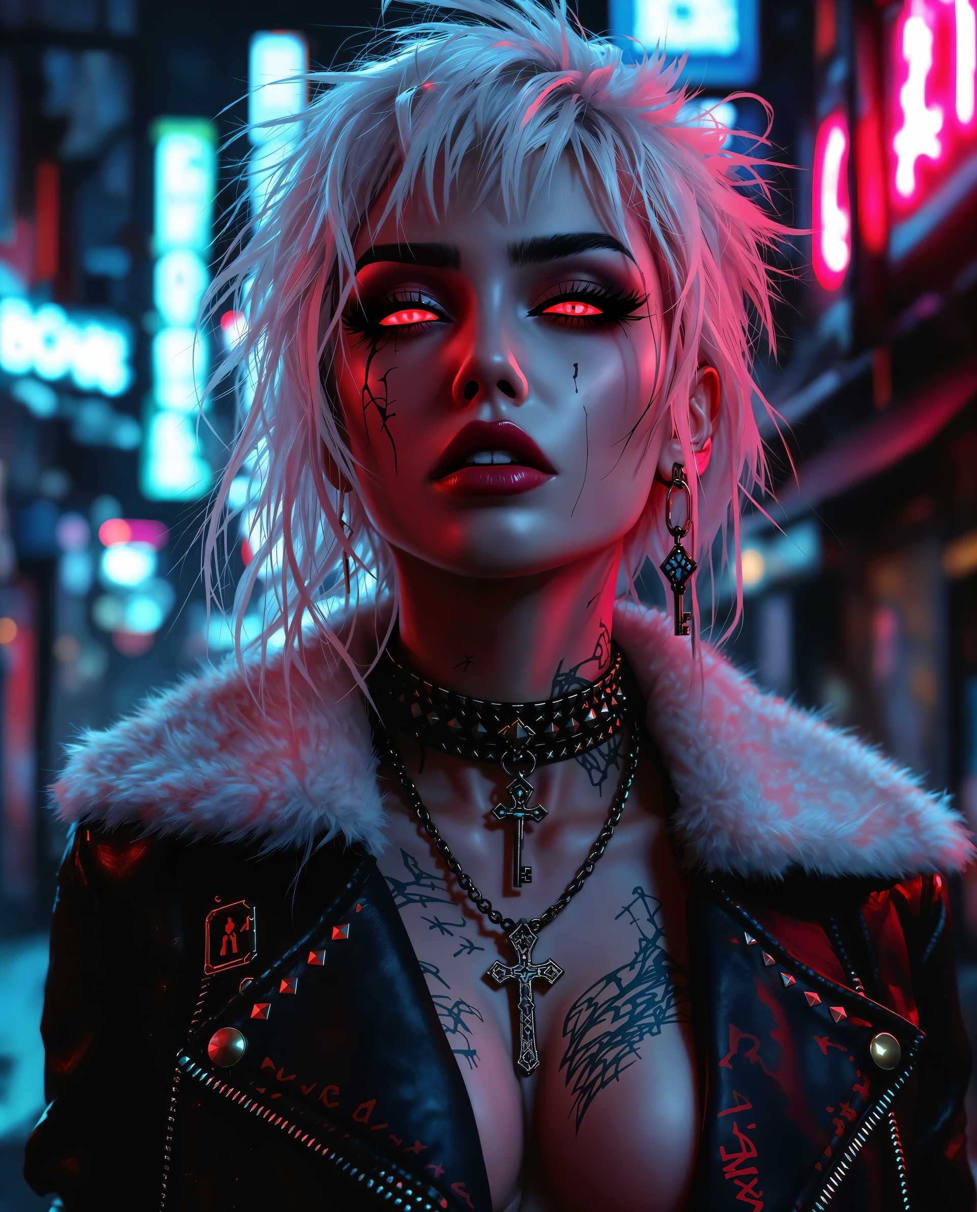 masterpiece, best quality, highres, sharp image, more detail <lora:more_details:0.5> <lora:SDXLrender_v2.0:1>, masterpiece, best quality, highres, sharp image, more detail, This image is a realistic photo (photograph) of a female real person digital artwork that captures a closeup of a person with a cyberpunk aesthetic. The art style is characterized by its high contrast, dramatic lighting, and a futuristic, urban setting that is often associated with cyberpunk genres. The medium appears to be a digital painting, given the smooth blending of colors and the lack of texture that would be present in a traditional painting.The colors in the image are predominantly cool tones with neon accents. The subjects hair is a blend of white and a soft pink, which stands out against the darker background. The hair is styled in a way that suggests movement and volume, with strands sticking out in different directions, giving it a wild and edgy look. The lighting casts shadows that contour the hair, adding depth to the image.The subject is wearing a studded leather jacket with a fur collar, which adds to the cyberpunk vibe. The jacket is detailed with various studs and buckles, and there are visible scratches and scuffs that give it a wellworn, battlescarred appearance. The jackets texture is emphasized by the lighting, which creates highlights and shadows that mimic the raised studs.Around the neck, the subject wears a choker with a cross pendant, which is a common symbol in cyberpunk culture. The choker is studded and has a chain that leads down to a pendant, which is also studded and has a key design. The key pendant is a nod to themes of unlocking and access in cyberpunk narratives.The subjects makeup is bold and dramatic, with red eyeshadow and lipstick that stands out against the pale skin. The red eyes are particularly striking, and the reflection of the neon lights in the eyes adds to the cyberpunk ambiance. There are also visible tattoos on the subjects neck and chest, which are partially obscured by the jacket.The background of the image is a blend of neon signs and urban structures, with a sense of depth created by the layering of the elements. The neon signs are in various colors, with red and blue being the most prominent, and they cast a glow on the subject, enhancing the cyberpunk feel. The urban structures are dark and shadowy, with a sense of decay and abandonment that is common in cyberpunk settings.Overall, the image is a rich tapestry of cyberpunk elements, from the fashion to the makeup, to the urban environment, all coming together to create a compelling and immersive visual experience.