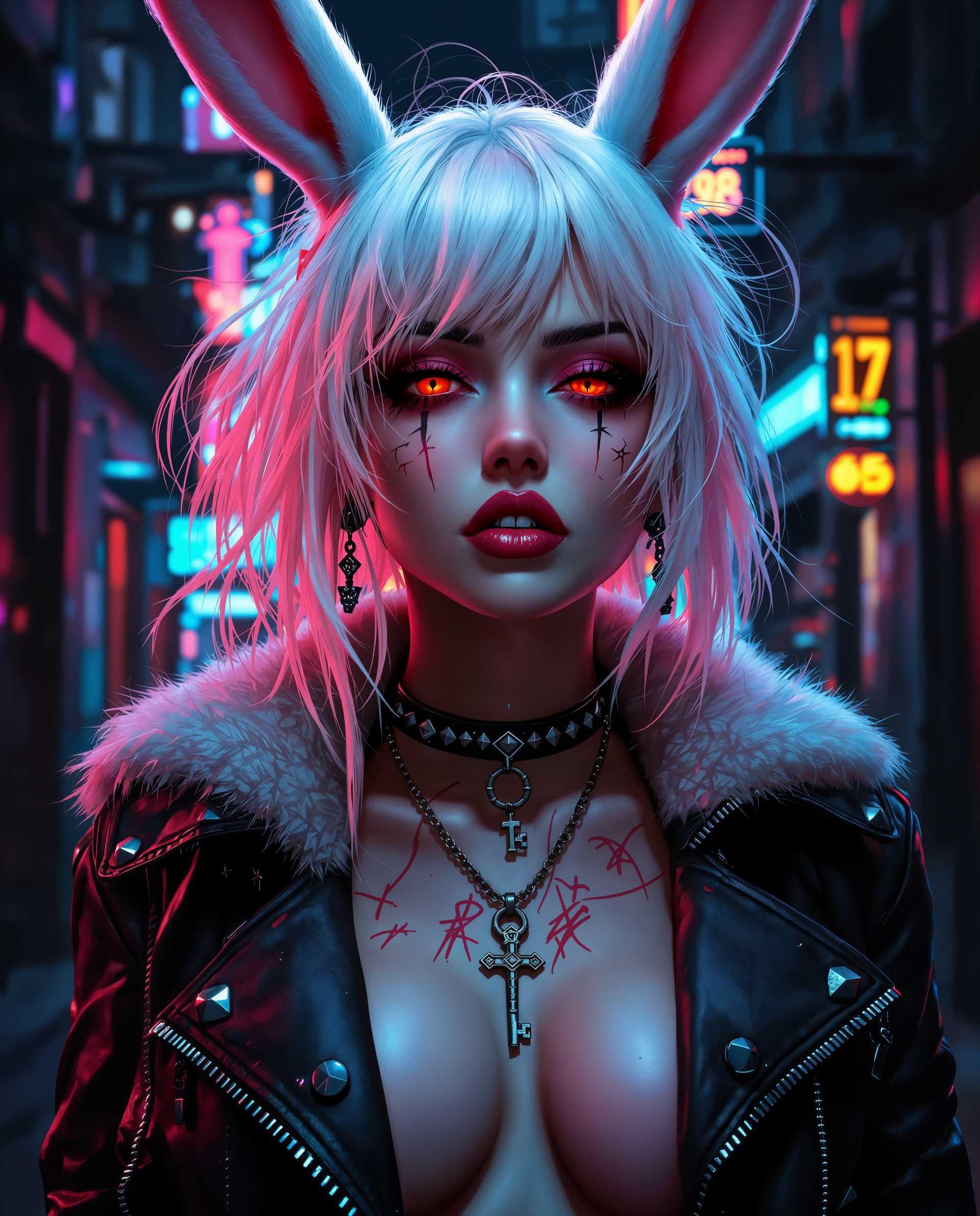masterpiece, best quality, highres, sharp image, more detail <lora:more_details:0.5> <lora:SDXLrender_v2.0:1>, masterpiece, best quality, highres, sharp image, more detail, This image is a realistic photo (photograph) of a female real person digital artwork that captures a closeup of a person with a cyberpunk aesthetic. The art style is characterized by its high contrast, dramatic lighting, and a futuristic, urban setting that is often associated with cyberpunk genres, she also has bunny ears. The medium appears to be a digital painting, given the smooth blending of colors and the lack of texture that would be present in a traditional painting.The colors in the image are predominantly cool tones with neon accents. The subjects hair is a blend of white and a soft pink, which stands out against the darker background. The hair is styled in a way that suggests movement and volume, with strands sticking out in different directions, giving it a wild and edgy look. The lighting casts shadows that contour the hair, adding depth to the image.The subject is wearing a studded leather jacket with a fur collar, which adds to the cyberpunk vibe. The jacket is detailed with various studs and buckles, and there are visible scratches and scuffs that give it a wellworn, battlescarred appearance. The jackets texture is emphasized by the lighting, which creates highlights and shadows that mimic the raised studs.Around the neck, the subject wears a choker with a cross pendant, which is a common symbol in cyberpunk culture. The choker is studded and has a chain that leads down to a pendant, which is also studded and has a key design. The key pendant is a nod to themes of unlocking and access in cyberpunk narratives.The subjects makeup is bold and dramatic, with red eyeshadow and lipstick that stands out against the pale skin. The red eyes are particularly striking, and the reflection of the neon lights in the eyes adds to the cyberpunk ambiance. There are also visible tattoos on the subjects neck and chest, which are partially obscured by the jacket.The background of the image is a blend of neon signs and urban structures, with a sense of depth created by the layering of the elements. The neon signs are in various colors, with red and blue being the most prominent, and they cast a glow on the subject, enhancing the cyberpunk feel. The urban structures are dark and shadowy, with a sense of decay and abandonment that is common in cyberpunk settings.Overall, the image is a rich tapestry of cyberpunk elements, from the fashion to the makeup, to the urban environment, all coming together to create a compelling and immersive visual experience.