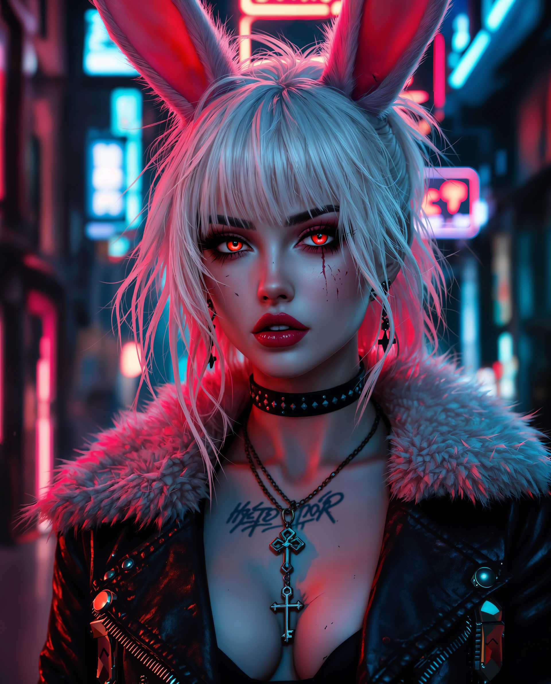 masterpiece, best quality, highres, sharp image, more detail <lora:more_details:0.5> <lora:SDXLrender_v2.0:1>, masterpiece, best quality, highres, sharp image, more detail, This image is a realistic photo (photograph) of a female real person digital artwork that captures a closeup of a person with a cyberpunk aesthetic. The art style is characterized by its high contrast, dramatic lighting, and a futuristic, urban setting that is often associated with cyberpunk genres, she also has bunny ears. The medium appears to be a digital painting, given the smooth blending of colors and the lack of texture that would be present in a traditional painting.The colors in the image are predominantly cool tones with neon accents. The subjects hair is a blend of white and a soft pink, which stands out against the darker background. The hair is styled in a way that suggests movement and volume, with strands sticking out in different directions, giving it a wild and edgy look. The lighting casts shadows that contour the hair, adding depth to the image.The subject is wearing a studded leather jacket with a fur collar, which adds to the cyberpunk vibe. The jacket is detailed with various studs and buckles, and there are visible scratches and scuffs that give it a wellworn, battlescarred appearance. The jackets texture is emphasized by the lighting, which creates highlights and shadows that mimic the raised studs.Around the neck, the subject wears a choker with a cross pendant, which is a common symbol in cyberpunk culture. The choker is studded and has a chain that leads down to a pendant, which is also studded and has a key design. The key pendant is a nod to themes of unlocking and access in cyberpunk narratives.The subjects makeup is bold and dramatic, with red eyeshadow and lipstick that stands out against the pale skin. The red eyes are particularly striking, and the reflection of the neon lights in the eyes adds to the cyberpunk ambiance. There are also visible tattoos on the subjects neck and chest, which are partially obscured by the jacket.The background of the image is a blend of neon signs and urban structures, with a sense of depth created by the layering of the elements. The neon signs are in various colors, with red and blue being the most prominent, and they cast a glow on the subject, enhancing the cyberpunk feel. The urban structures are dark and shadowy, with a sense of decay and abandonment that is common in cyberpunk settings.Overall, the image is a rich tapestry of cyberpunk elements, from the fashion to the makeup, to the urban environment, all coming together to create a compelling and immersive visual experience.