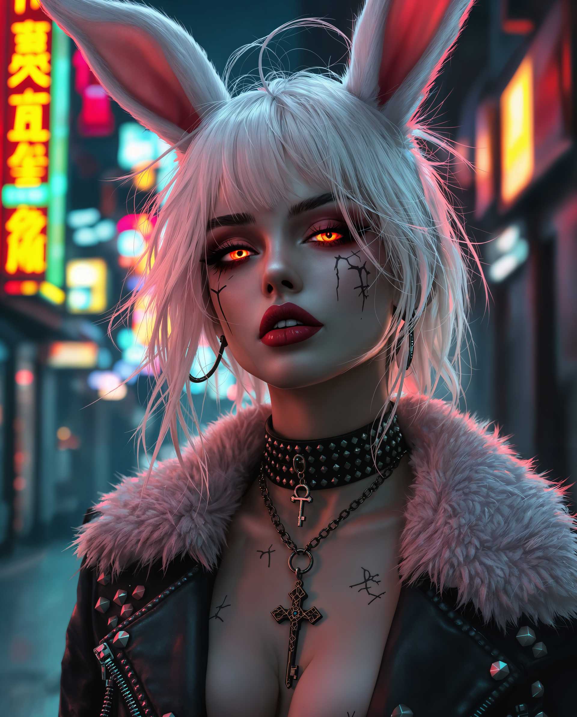 masterpiece, best quality, highres, sharp image, more detail <lora:more_details:0.5> <lora:SDXLrender_v2.0:1>, masterpiece, best quality, highres, sharp image, more detail, This image is a realistic photo (photograph) of a female real person digital artwork that captures a closeup of a person with a cyberpunk aesthetic. The art style is characterized by its high contrast, dramatic lighting, and a futuristic, urban setting that is often associated with cyberpunk genres, she also has bunny ears. The medium appears to be a digital painting, given the smooth blending of colors and the lack of texture that would be present in a traditional painting.The colors in the image are predominantly cool tones with neon accents. The subjects hair is a blend of white and a soft pink, which stands out against the darker background. The hair is styled in a way that suggests movement and volume, with strands sticking out in different directions, giving it a wild and edgy look. The lighting casts shadows that contour the hair, adding depth to the image.The subject is wearing a studded leather jacket with a fur collar, which adds to the cyberpunk vibe. The jacket is detailed with various studs and buckles, and there are visible scratches and scuffs that give it a wellworn, battlescarred appearance. The jackets texture is emphasized by the lighting, which creates highlights and shadows that mimic the raised studs.Around the neck, the subject wears a choker with a cross pendant, which is a common symbol in cyberpunk culture. The choker is studded and has a chain that leads down to a pendant, which is also studded and has a key design. The key pendant is a nod to themes of unlocking and access in cyberpunk narratives.The subjects makeup is bold and dramatic, with red eyeshadow and lipstick that stands out against the pale skin. The red eyes are particularly striking, and the reflection of the neon lights in the eyes adds to the cyberpunk ambiance. There are also visible tattoos on the subjects neck and chest, which are partially obscured by the jacket.The background of the image is a blend of neon signs and urban structures, with a sense of depth created by the layering of the elements. The neon signs are in various colors, with red and blue being the most prominent, and they cast a glow on the subject, enhancing the cyberpunk feel. The urban structures are dark and shadowy, with a sense of decay and abandonment that is common in cyberpunk settings.Overall, the image is a rich tapestry of cyberpunk elements, from the fashion to the makeup, to the urban environment, all coming together to create a compelling and immersive visual experience.