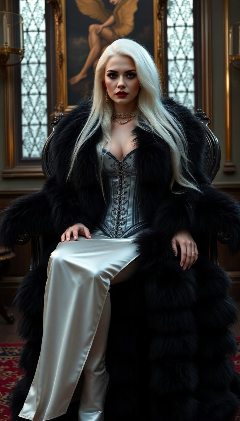 Thick heavy voluminous Stark White hair falling down her back. Mid 30s pale skinned vampire queen. Clad in a thick luxurious black fur coat. Beneath the coat she wears a shiny white latex corset and shiny white latex slit skirt. Reclining on a Victorian-era throne in a Victorian-era parlour.