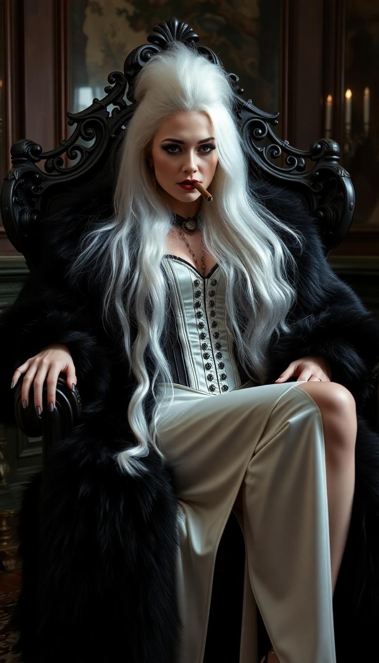 Thick heavy voluminous Stark White hair falling down her back. Mid 30s pale skinned vampire queen. Clad in a thick luxurious black fur coat. Beneath the coat she wears a shiny white latex corset and shiny white latex slit skirt. Reclining on a Victorian-era throne in a Victorian-era parlour. Smoking a slim cigar